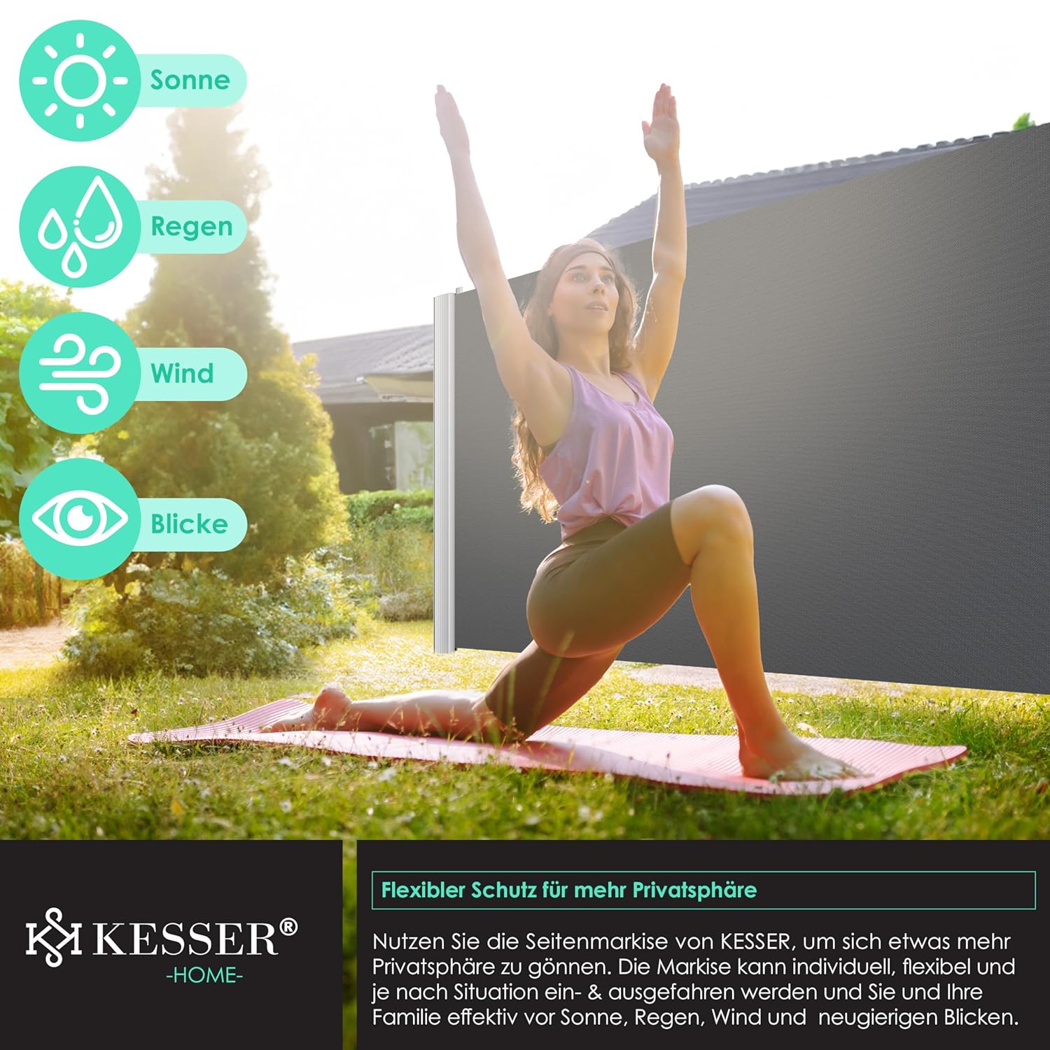 KESSER® Aluminium Seitenmarkise 300×200 cm, verstellbar, blickdicht, automatischer Rollauf