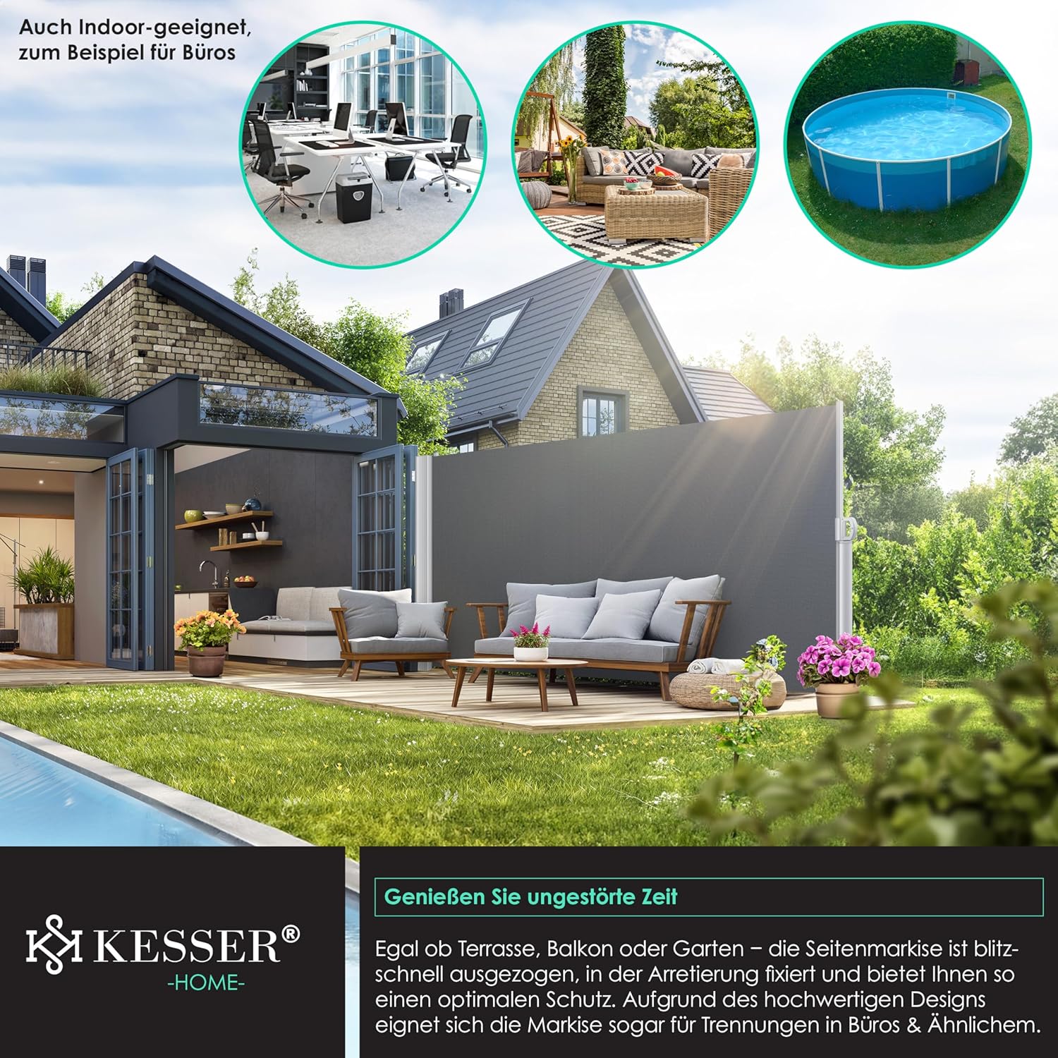 KESSER® Aluminium Seitenmarkise 300×200 cm, verstellbar, blickdicht, automatischer Rollauf