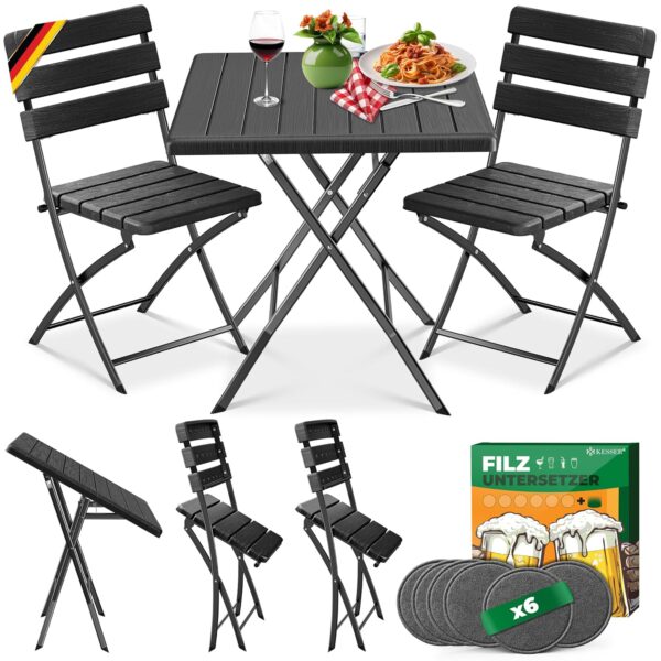 KESSER® Balkon-Bistro-Set 3‑Stücke: wetterfest, UV‑beständig, faltbar, Stahl-Holz‑Look