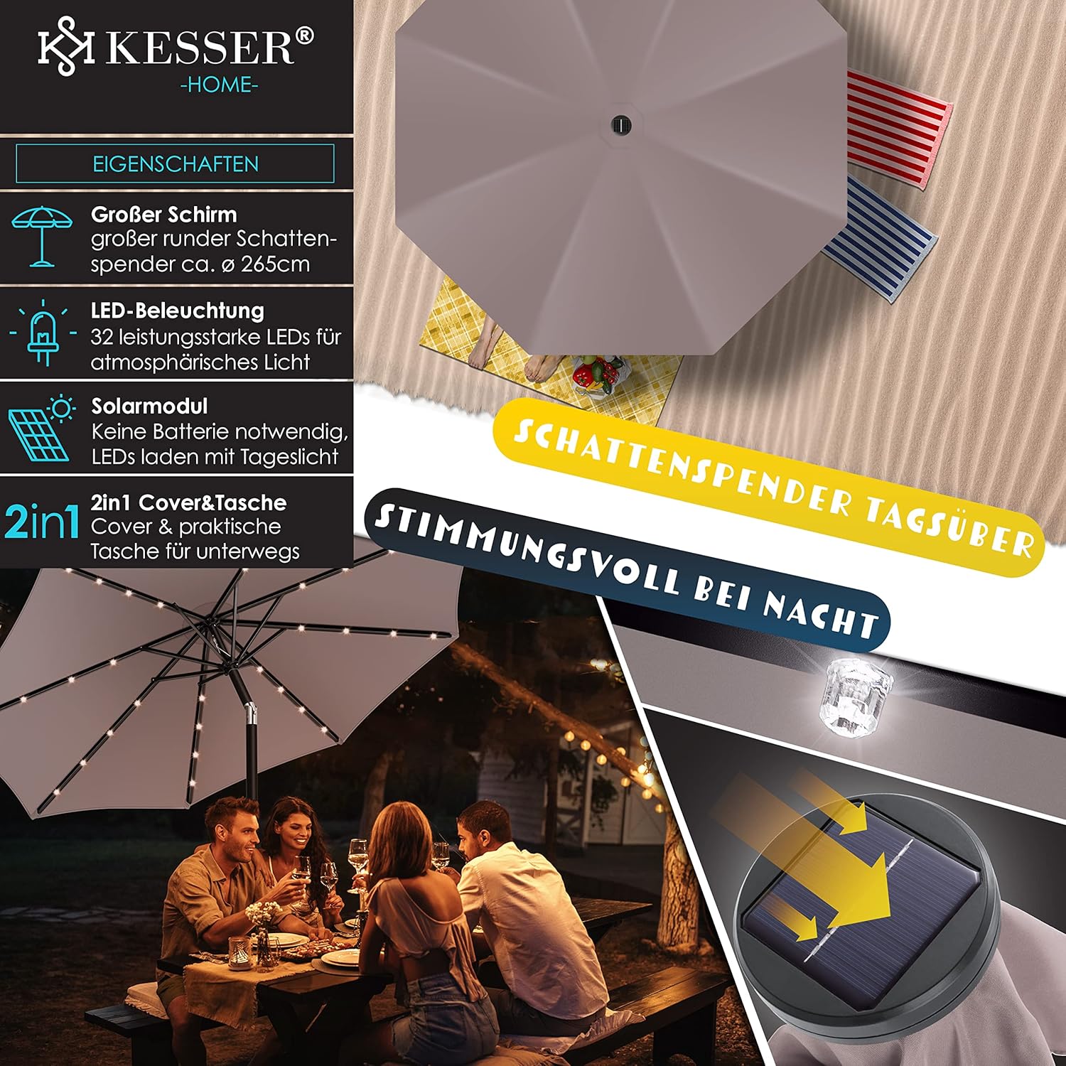 KESSER® Balkonregenschirm 265 cm, LED Solar, 2‑in‑1 Schutzabdeckung, Schwenkarm