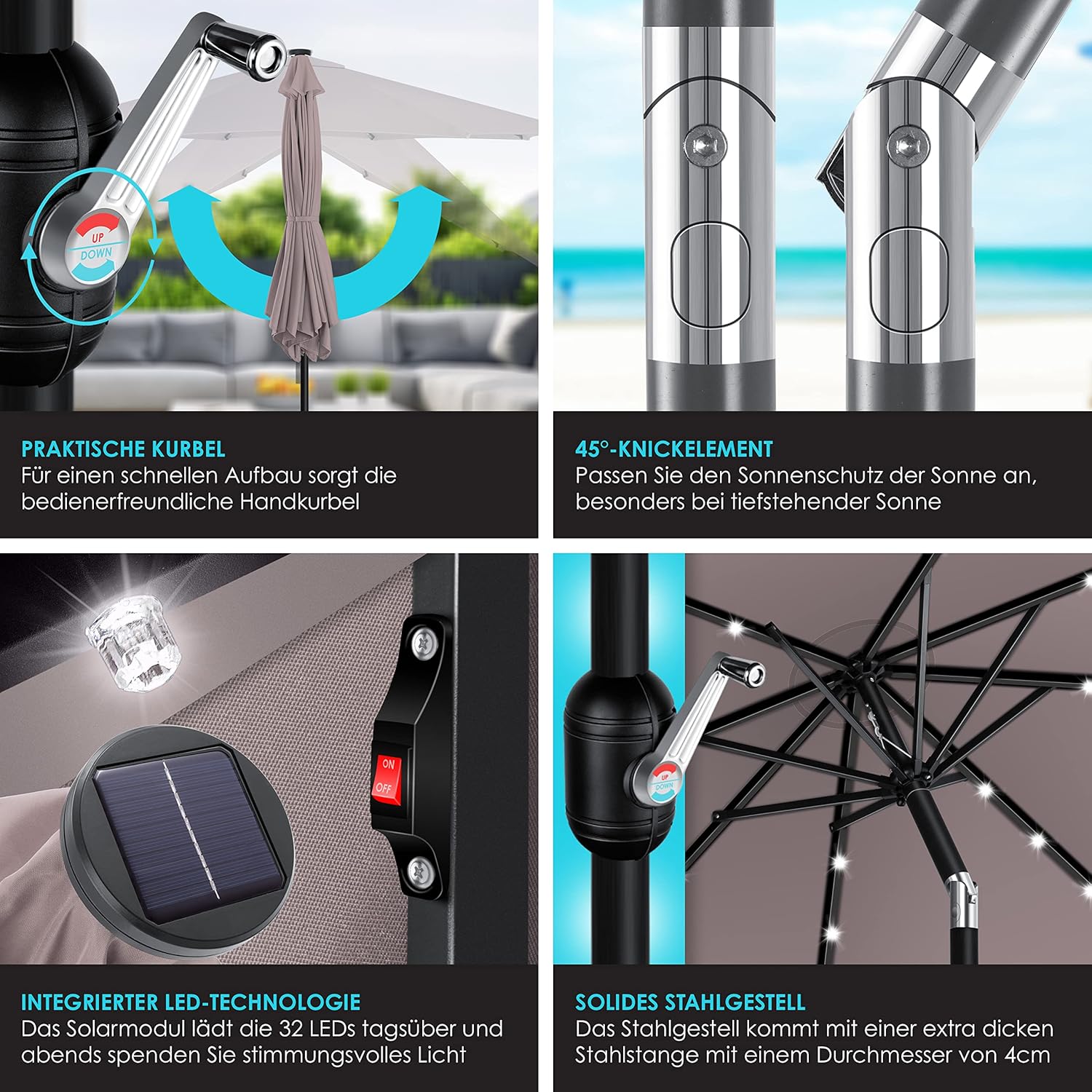 KESSER® Balkonregenschirm 265 cm, LED Solar, 2‑in‑1 Schutzabdeckung, Schwenkarm