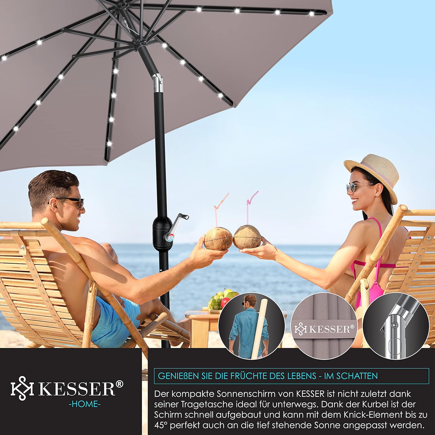 KESSER® Balkonregenschirm 265 cm, LED Solar, 2‑in‑1 Schutzabdeckung, Schwenkarm