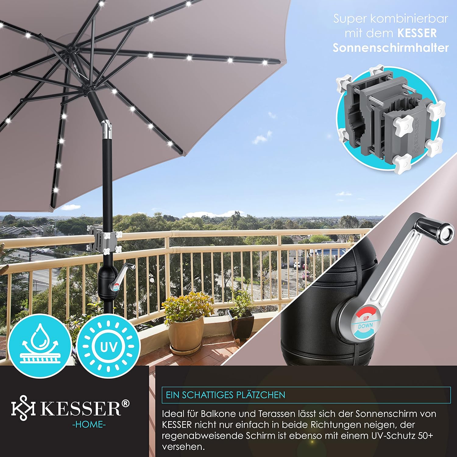 KESSER® Balkonregenschirm 265 cm, LED Solar, 2‑in‑1 Schutzabdeckung, Schwenkarm