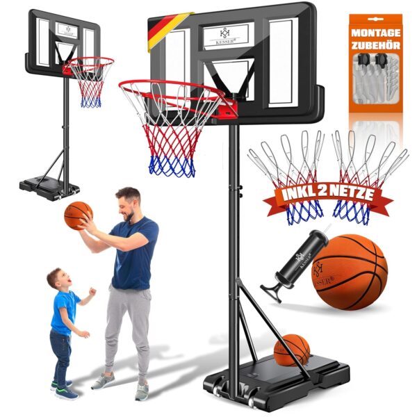 KESSER® Basketballkorb mit Rollen, höhenverstellbar 230–305 cm, Outdoor‑Komplettsystem inkl. Pump