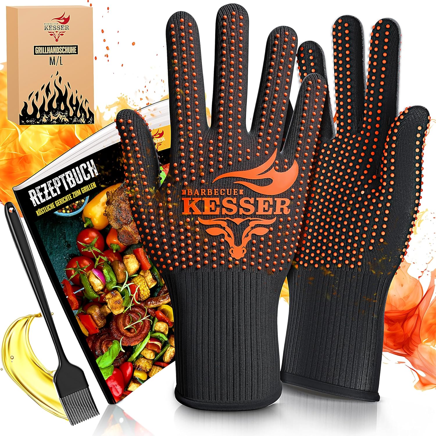 KESSER® BBQ-Handschuhe XXL Hitzebeständig 500°C, atmungsaktiv, rutschfest, Aramid