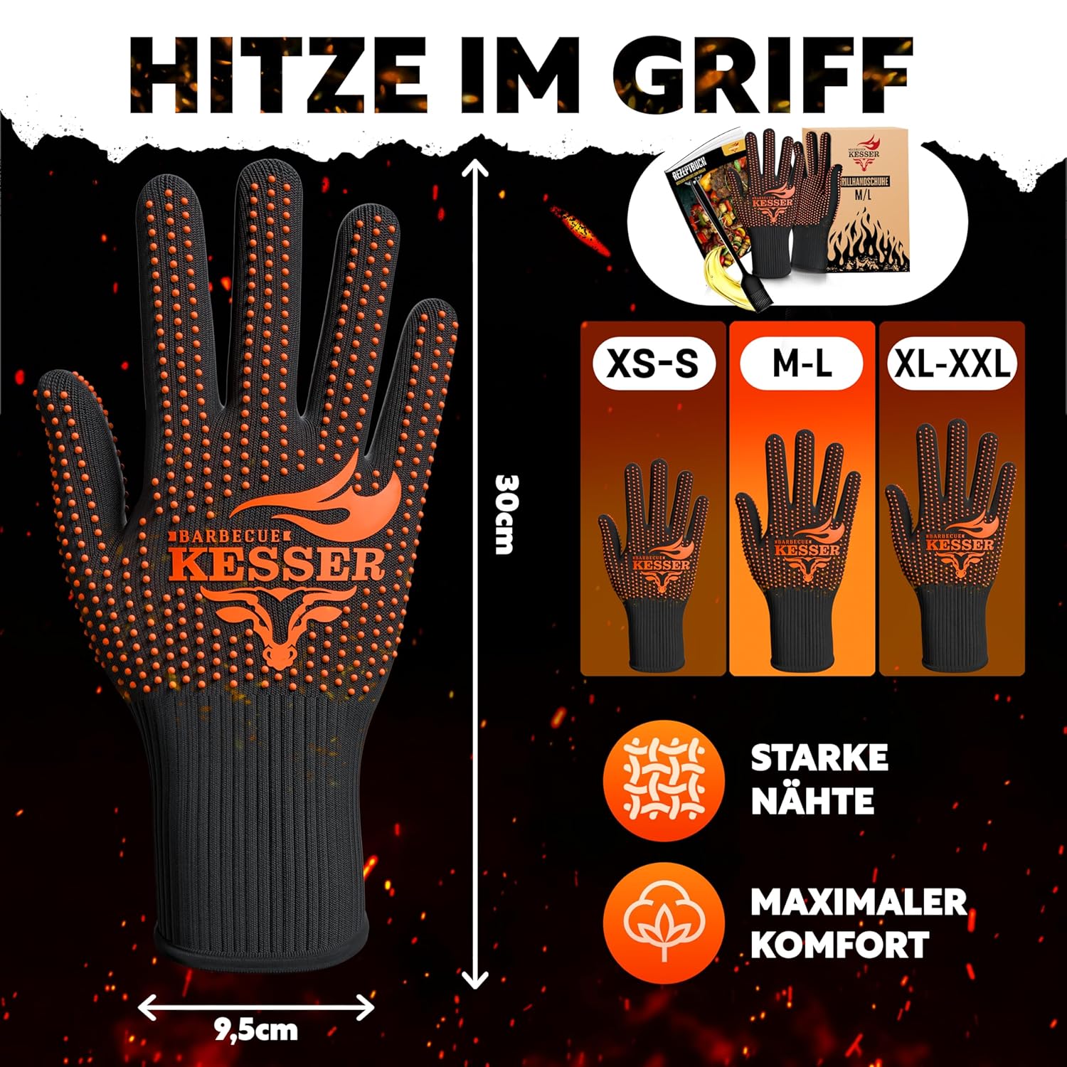 KESSER® BBQ-Handschuhe XXL Hitzebeständig 500°C, atmungsaktiv, rutschfest, Aramid
