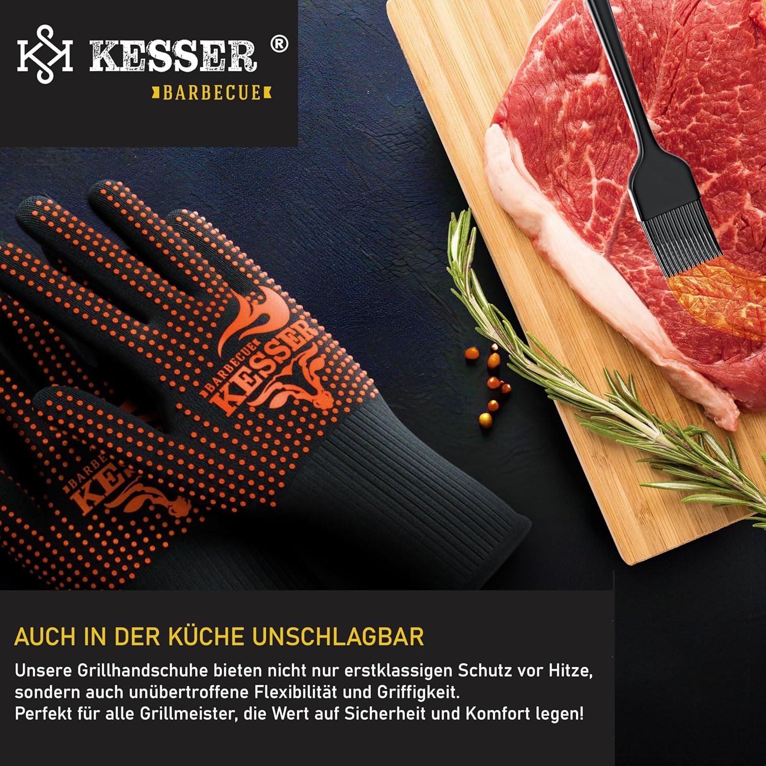 KESSER® BBQ-Handschuhe XXL Hitzebeständig 500°C, atmungsaktiv, rutschfest, Aramid