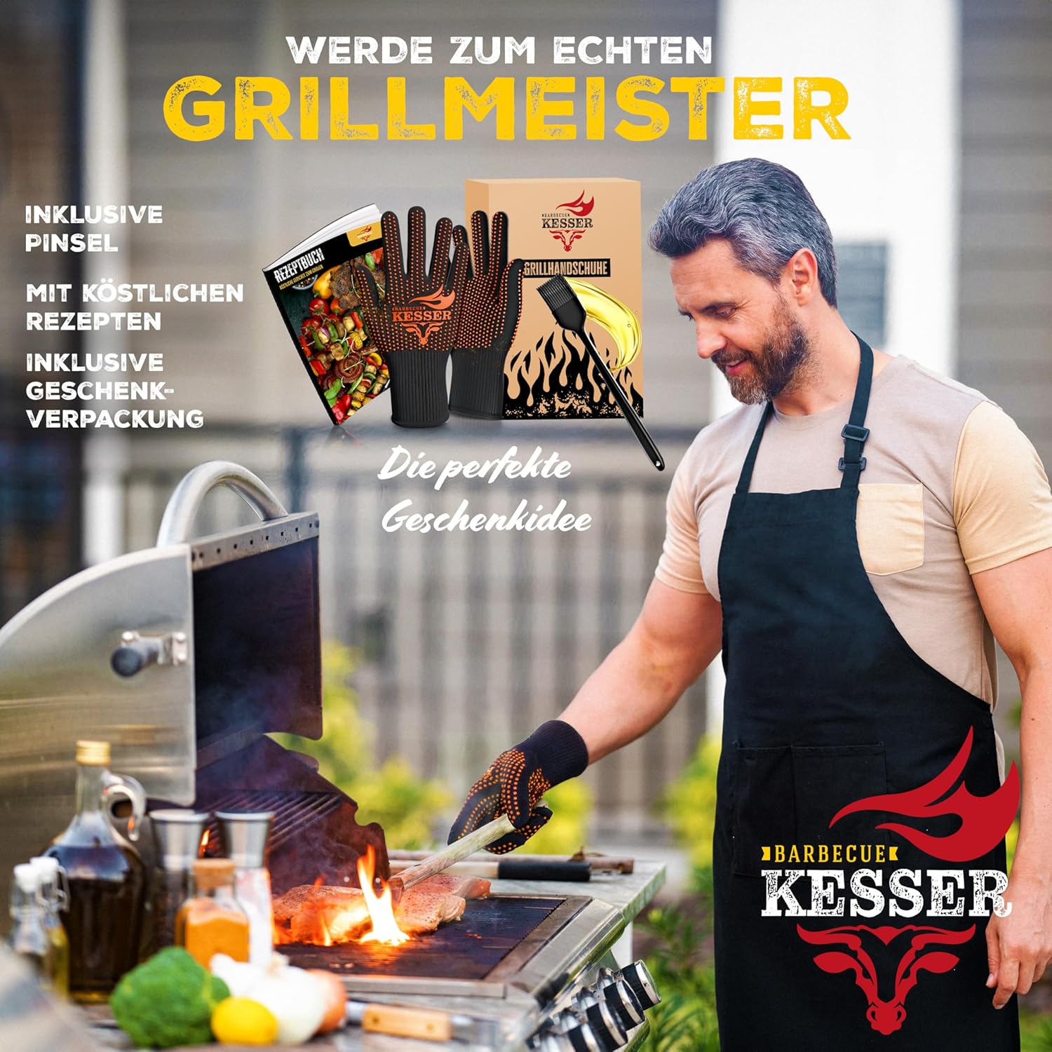 KESSER® BBQ-Handschuhe XXL Hitzebeständig 500°C, atmungsaktiv, rutschfest, Aramid