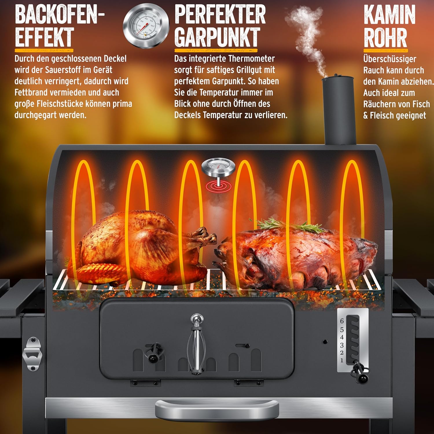 KESSER® BBQ Smoker XXL Holzkohlegrill – Deckel, Thermometer, Stahlgriff