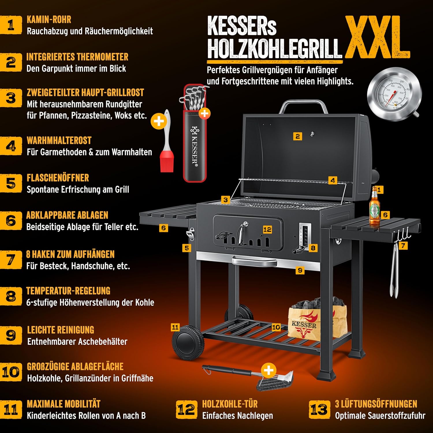 KESSER® BBQ Smoker XXL Holzkohlegrill – Deckel, Thermometer, Stahlgriff