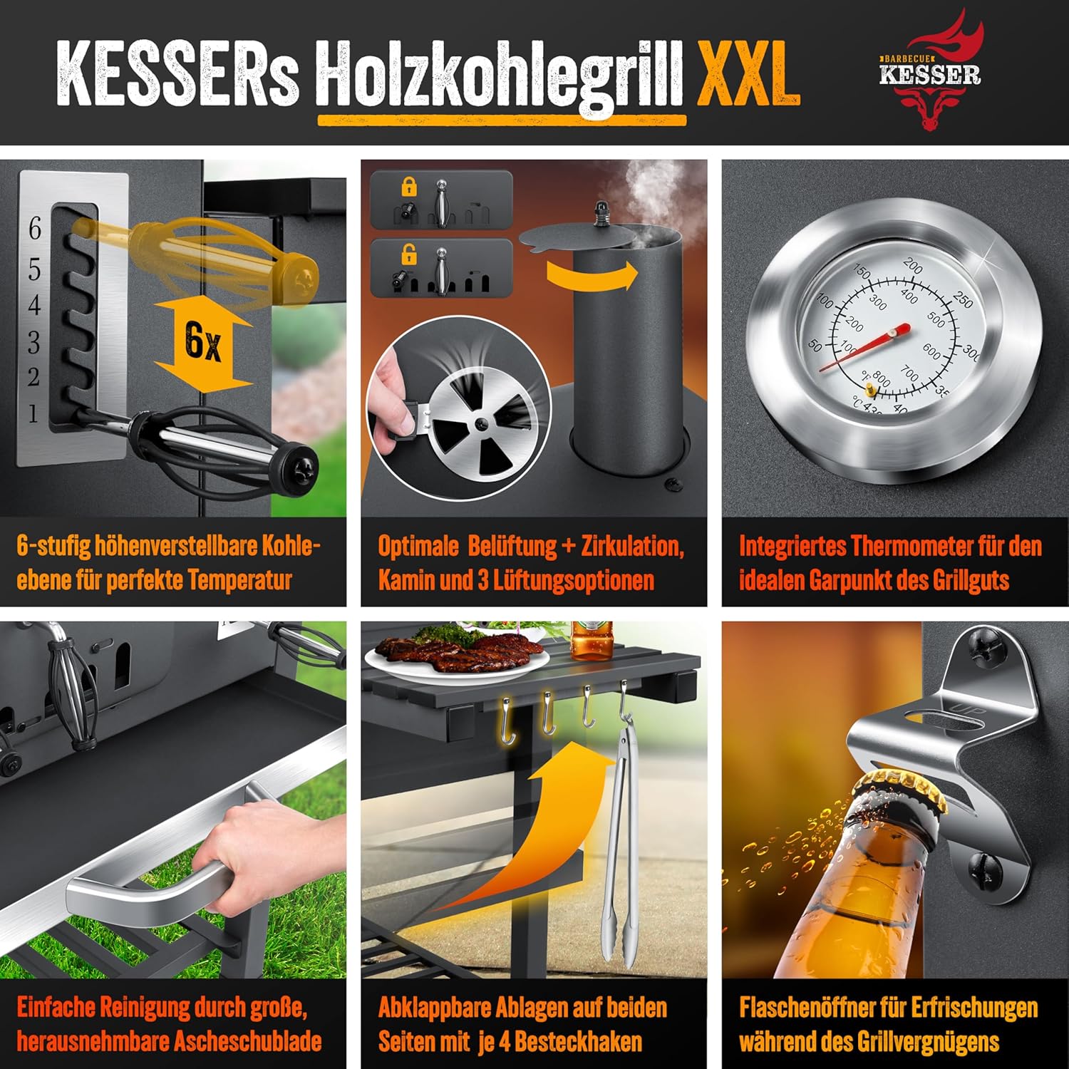 KESSER® BBQ Smoker XXL Holzkohlegrill – Deckel, Thermometer, Stahlgriff
