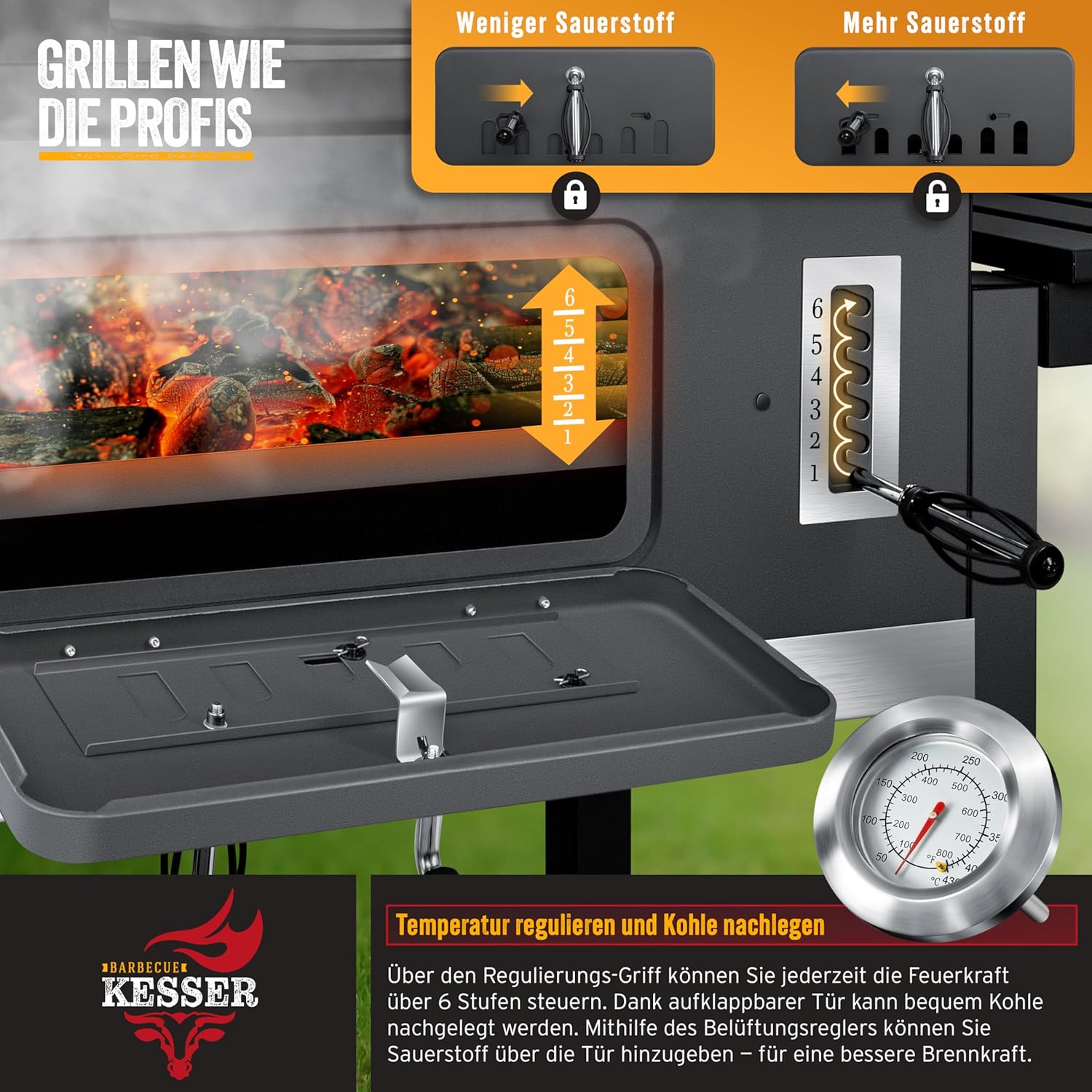 KESSER® BBQ Smoker XXL Holzkohlegrill – Deckel, Thermometer, Stahlgriff