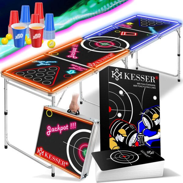 KESSER® Beer-Pong-Tischset LED-Action, 100 Becher, höhenverstellbar, faltbar