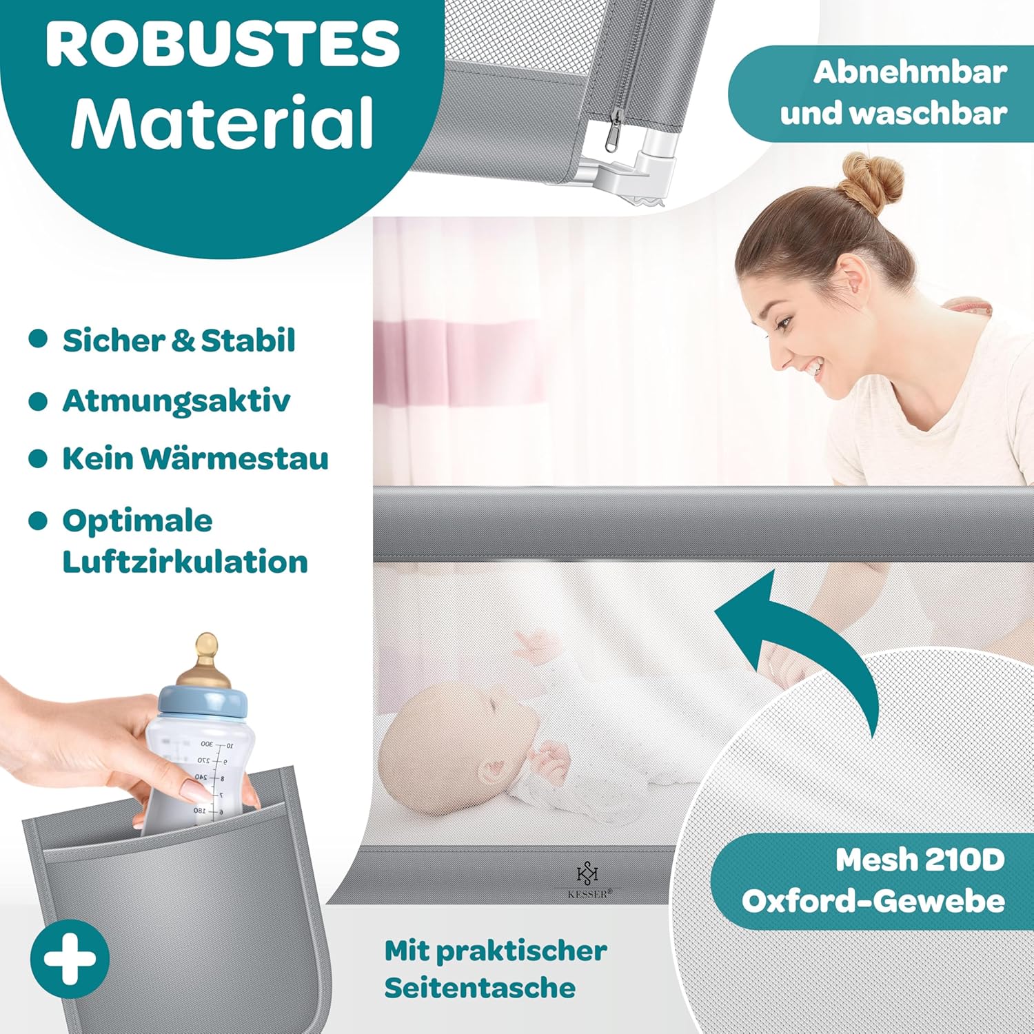 KESSER Bettgitter 200 cm, faltbar & verstellbar 72‑96 cm, grau, für Kinder