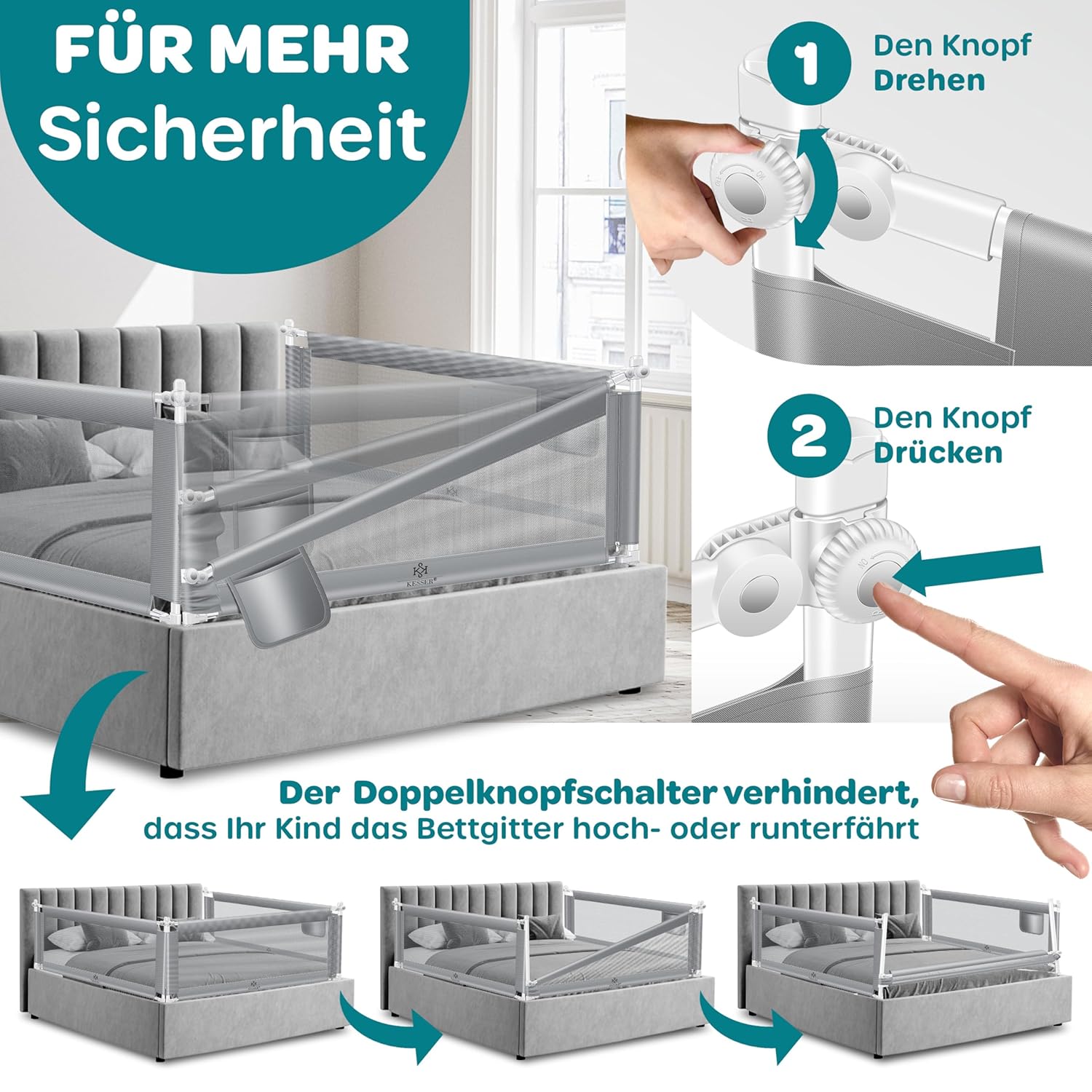 KESSER Bettgitter 200 cm, faltbar & verstellbar 72‑96 cm, grau, für Kinder
