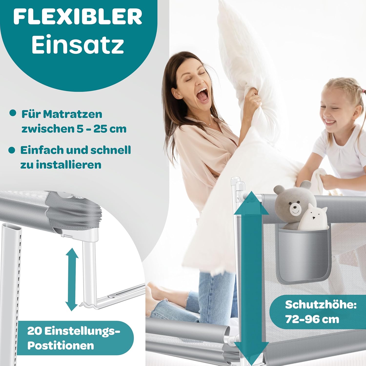 KESSER Bettgitter 200 cm, faltbar & verstellbar 72‑96 cm, grau, für Kinder