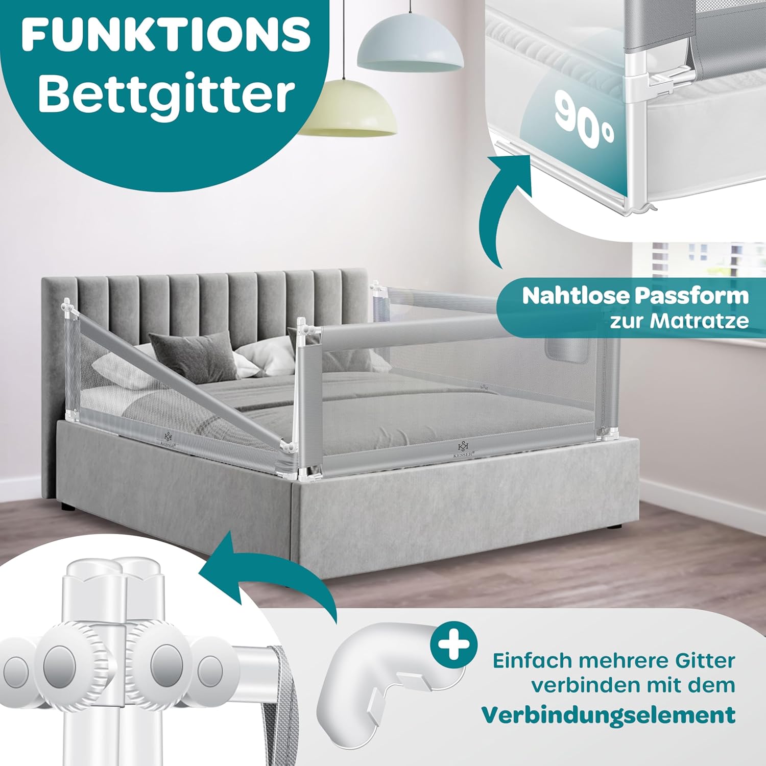 KESSER Bettgitter 200 cm, faltbar & verstellbar 72‑96 cm, grau, für Kinder