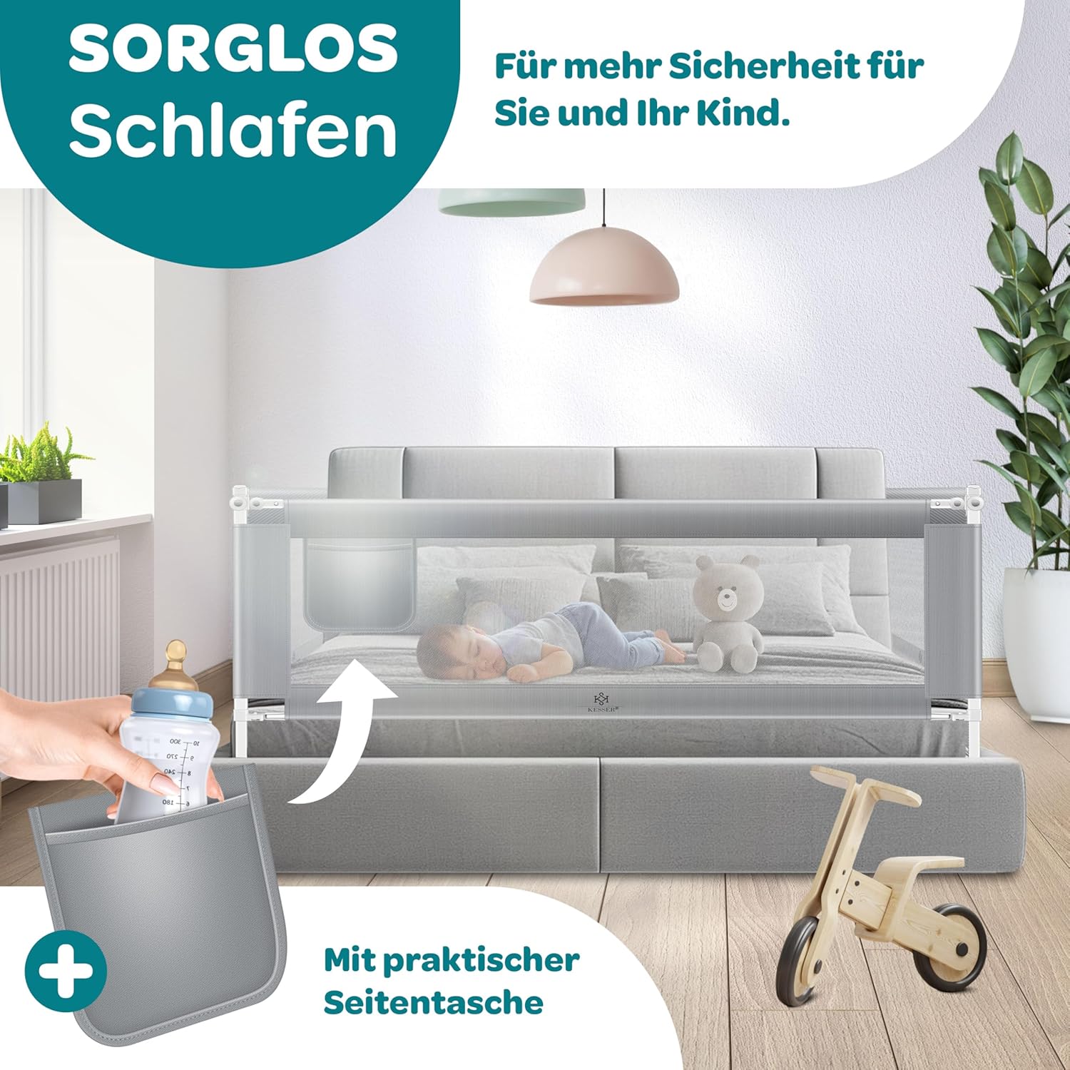 KESSER Bettgitter 200 cm, faltbar & verstellbar 72‑96 cm, grau, für Kinder
