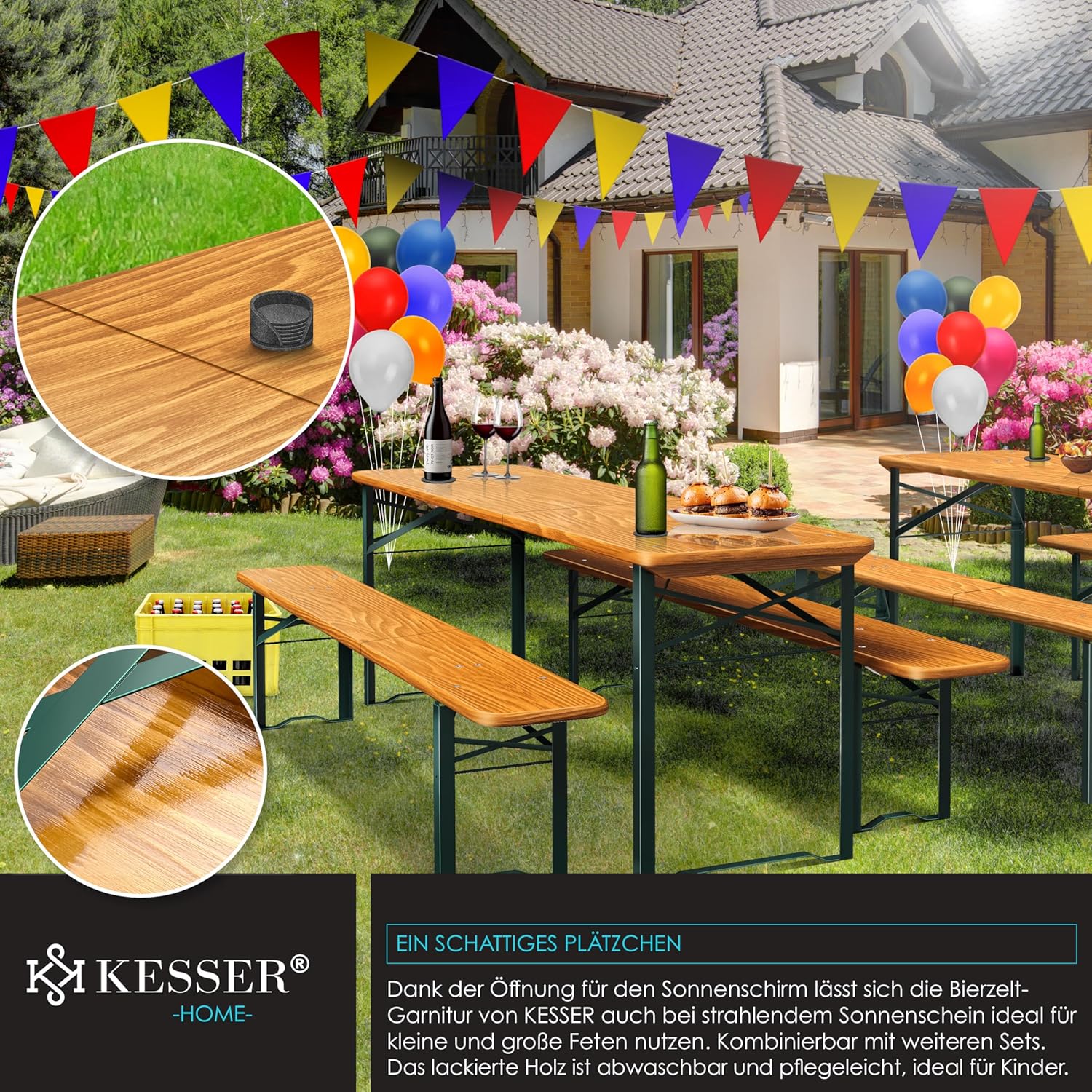 KESSER® Bierzelten-Set, 3‑teil, faltbar, 220×50×77 cm, 2 Bänke, 1 Tisch, Holz