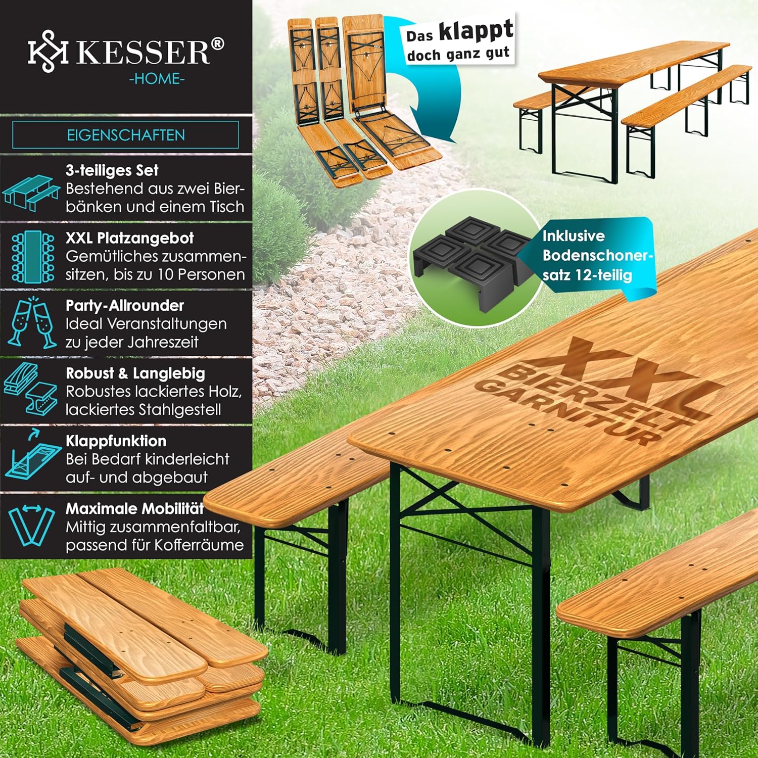 KESSER® Bierzelten-Set, 3‑teil, faltbar, 220×50×77 cm, 2 Bänke, 1 Tisch, Holz