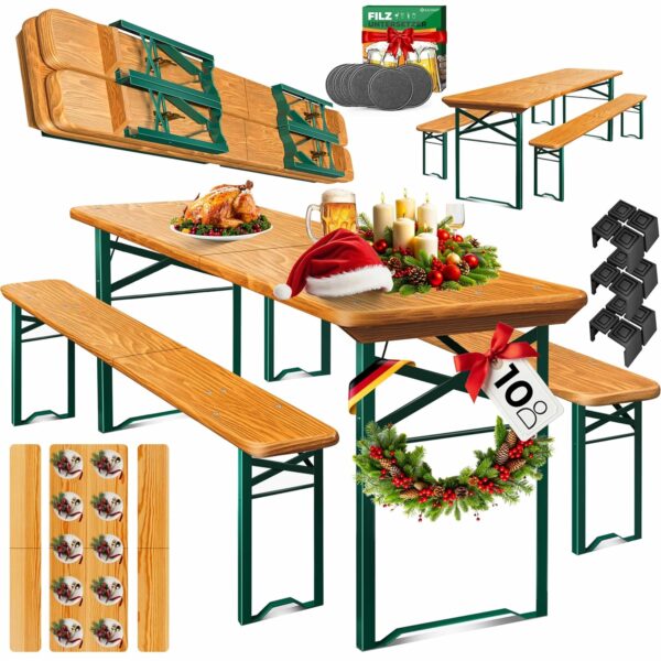 KESSER® Bierzelten-Set, 3‑teil, faltbar, 220×50×77 cm, 2 Bänke, 1 Tisch, Holz