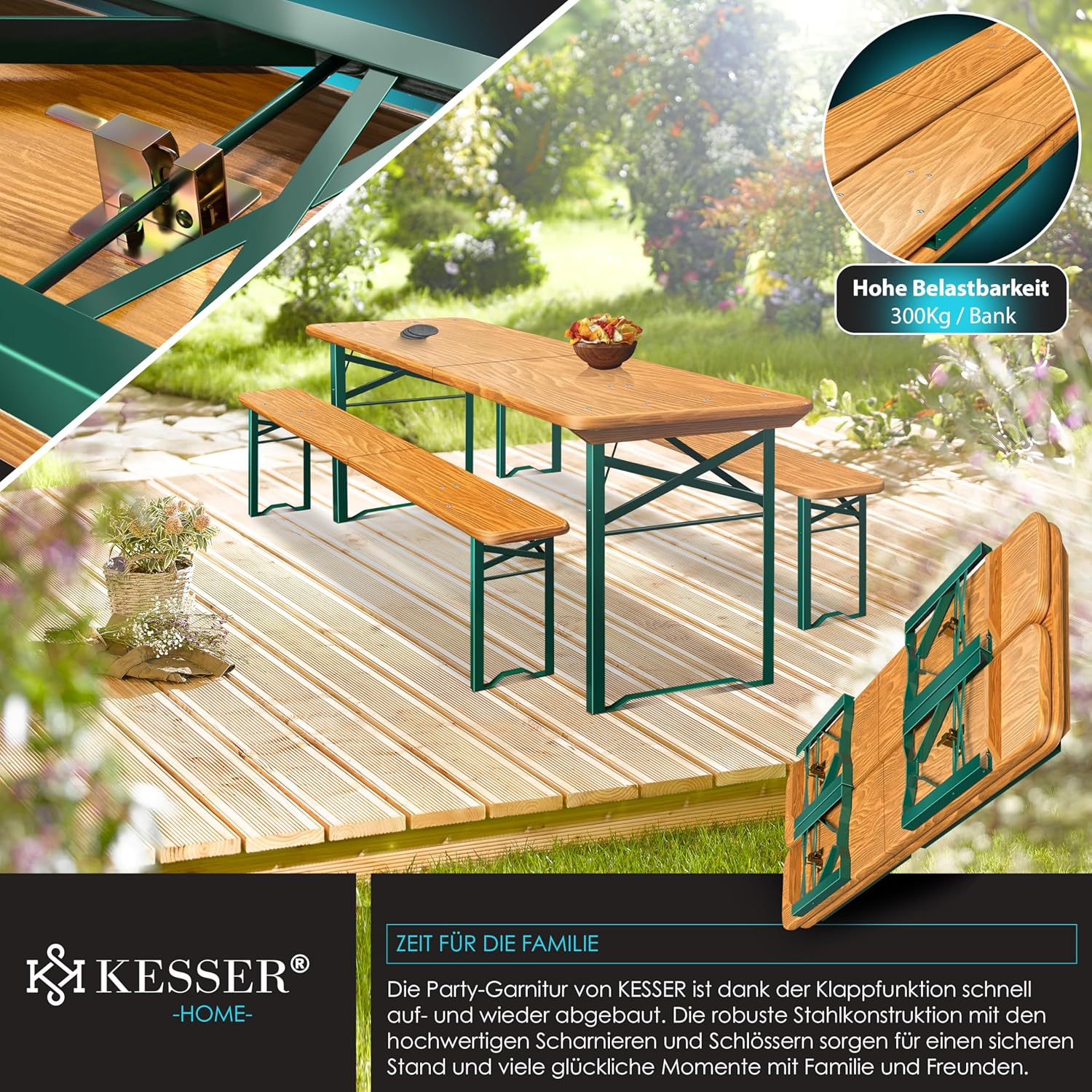 KESSER® Bierzelten-Set, 3‑teil, faltbar, 220×50×77 cm, 2 Bänke, 1 Tisch, Holz