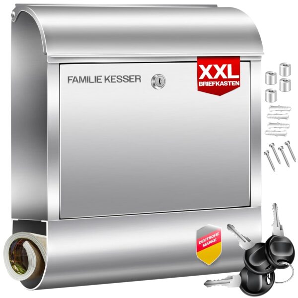 KESSER® Briefkasten Edelstahl 3‑Schlüssel DIN C4/A4 Wandmontage
