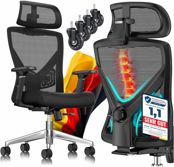KESSER® Bürostuhl mit verstellbaren Armlehnen, Lumbar Support, Kopfstütze & Rutschfunktion bis 125°
