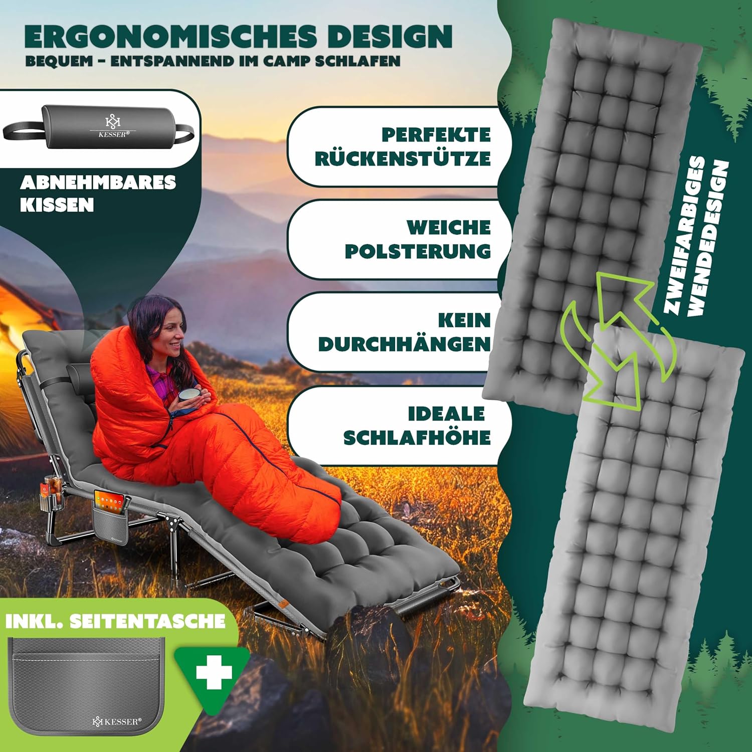 KESSER® Camping‑Klappbett – 190×68×30 cm, 250 kg, Oxford‑Stoff, Stahlrahmen, Tragetasche, Nackenkissen