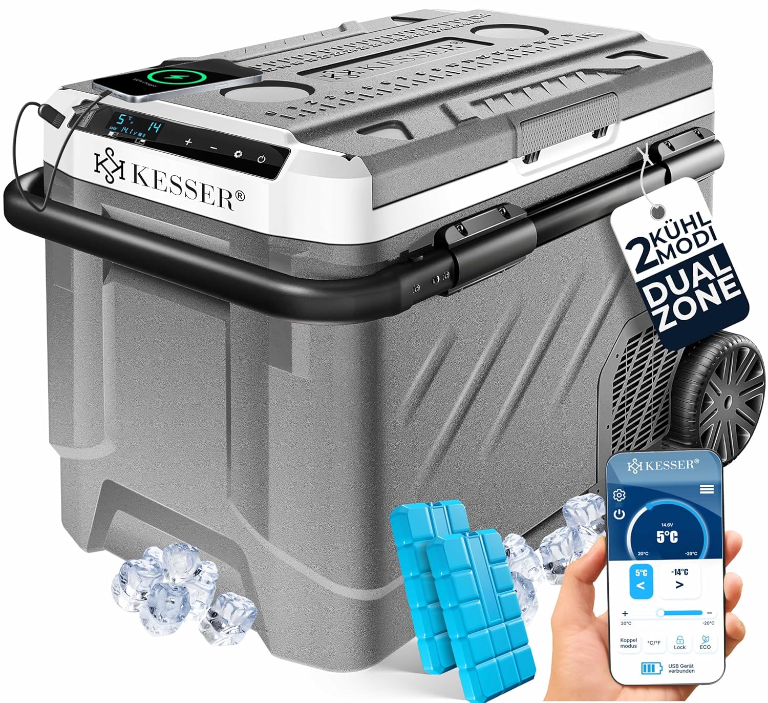 KESSER® Camping Kompressor‑Kühltasche – LED‑Touch, App‑Steuerung, bis ‑20 °C, 12/24 V/230 V, USB
