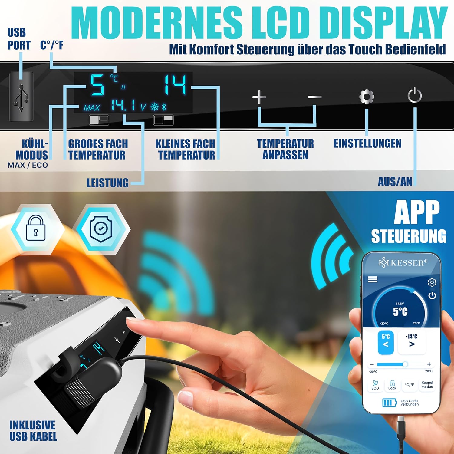 KESSER® Camping Kompressor‑Kühltasche – LED‑Touch, App‑Steuerung, bis ‑20 °C, 12/24 V/230 V, USB