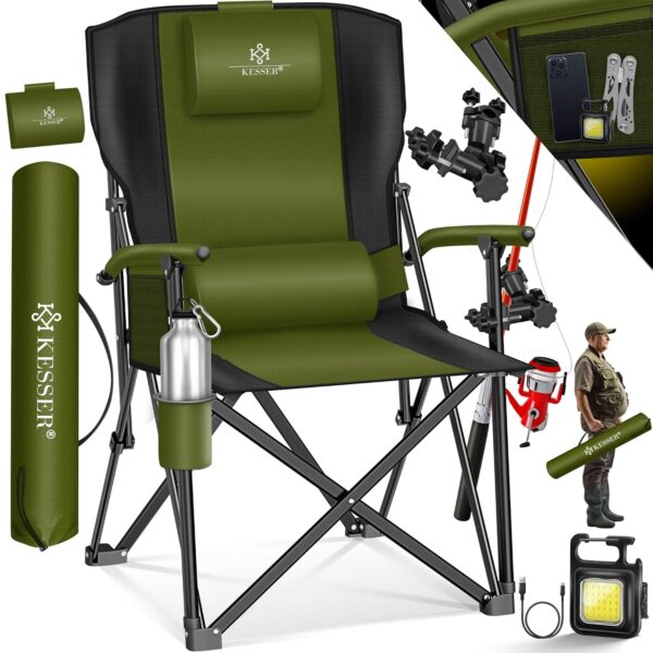 KESSER® Campingstuhl 160 kg, gepolsterte Armlehnen, hoher Rücken, Licht/Trinkhalter + Tasche