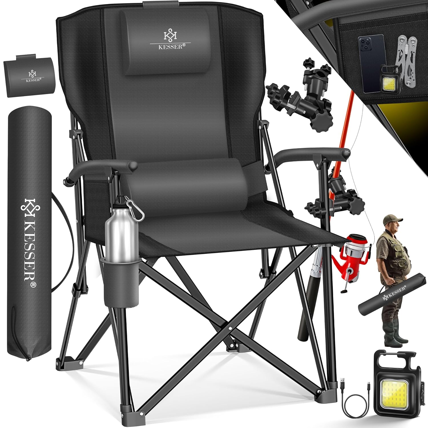 KESSER® Campingstuhl 160 kg, gepolsterte Armlehnen, hoher Rücken, Trink‑ & Lichthalter, mit Tragetasche