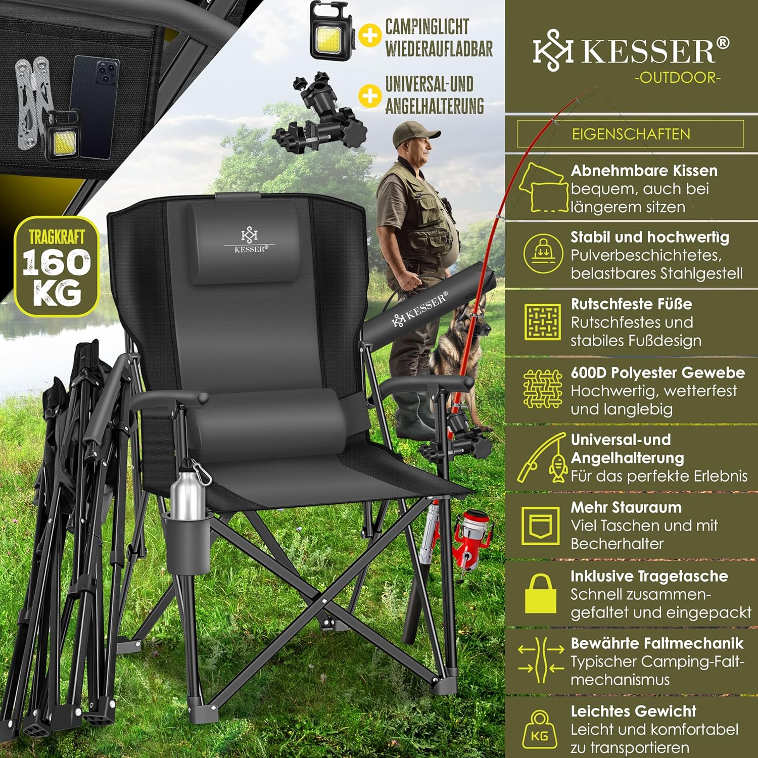 KESSER® Campingstuhl 160 kg, gepolsterte Armlehnen, hoher Rücken, Trink‑ & Lichthalter, mit Tragetasche