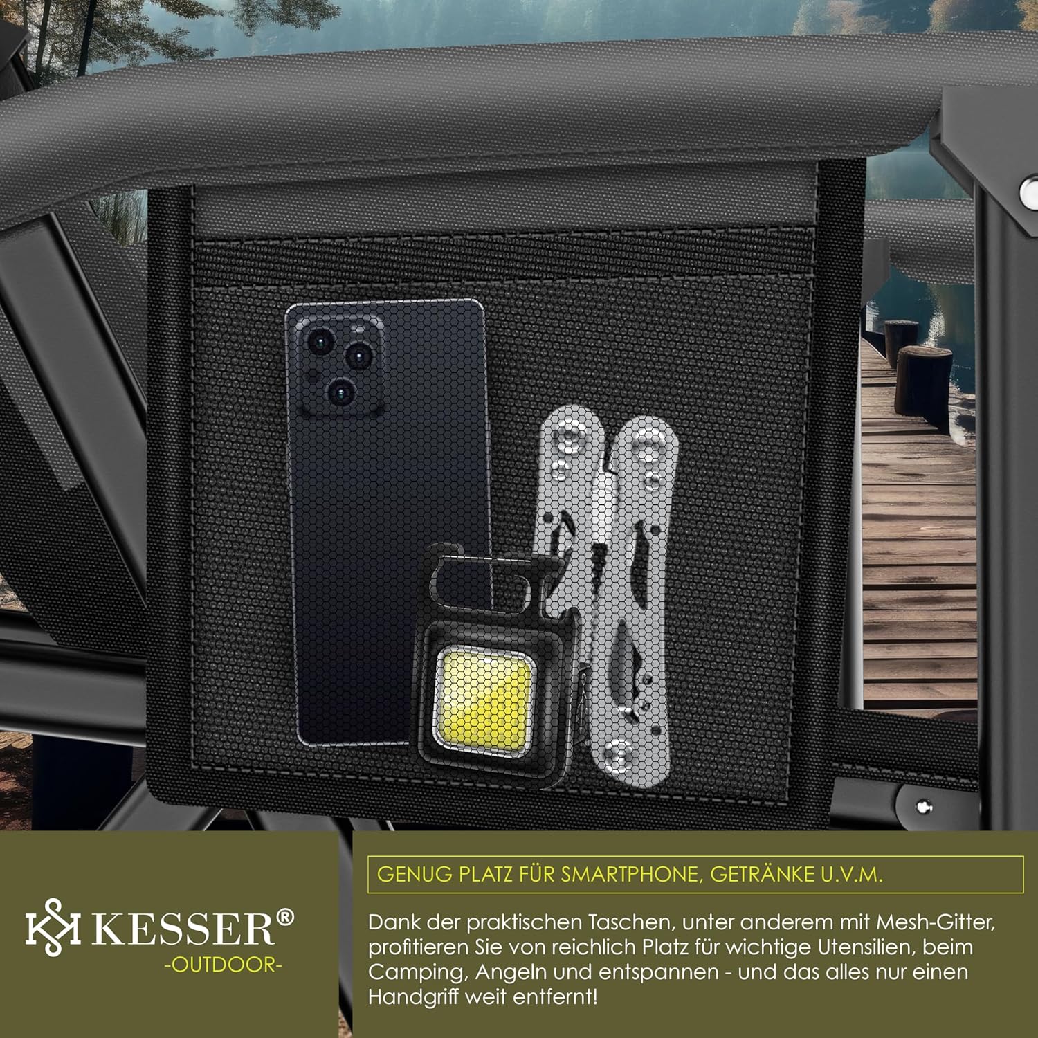 KESSER® Campingstuhl 160 kg, gepolsterte Armlehnen, hoher Rücken, Trink‑ & Lichthalter, mit Tragetasche