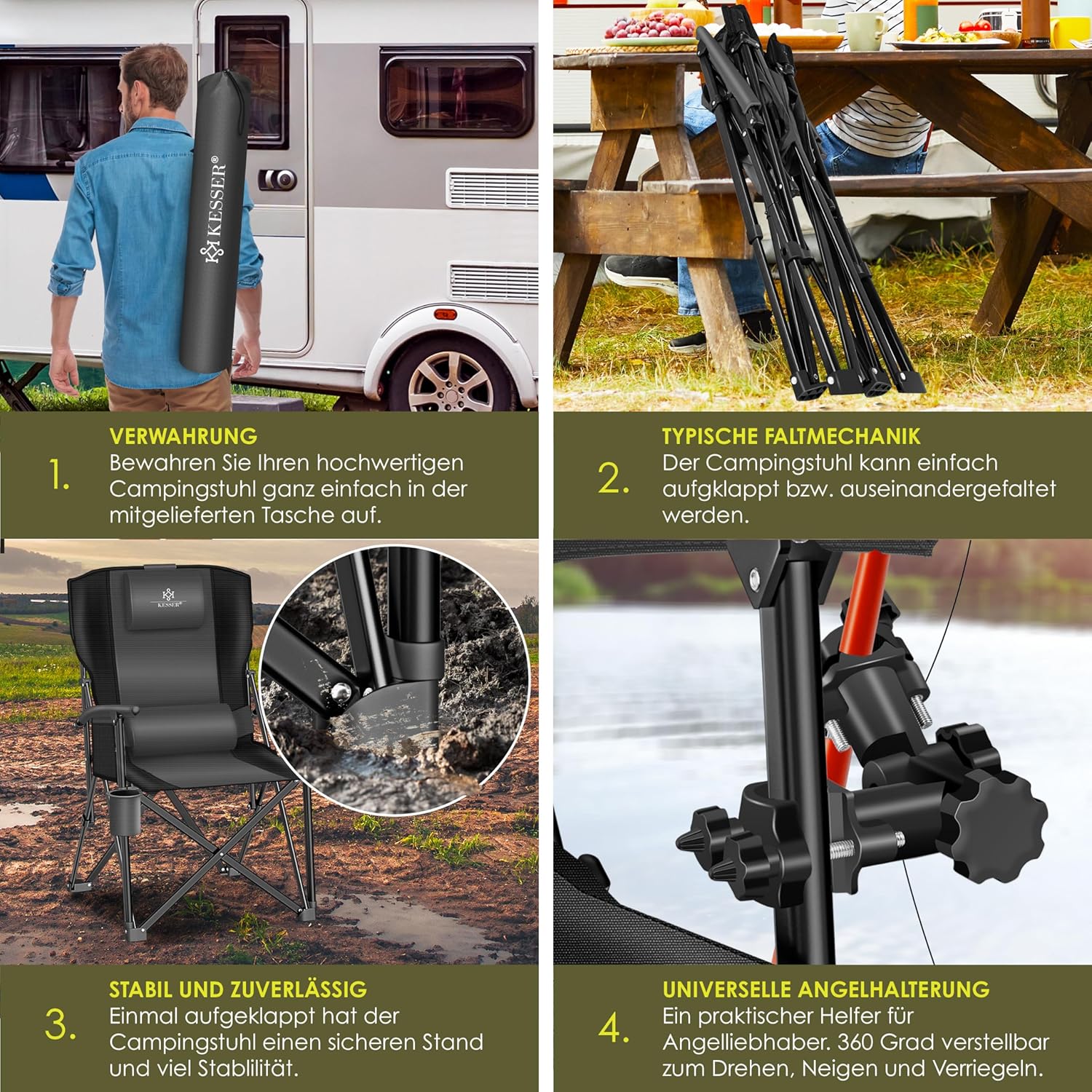 KESSER® Campingstuhl 160 kg, gepolsterte Armlehnen, hoher Rücken, Trink‑ & Lichthalter, mit Tragetasche
