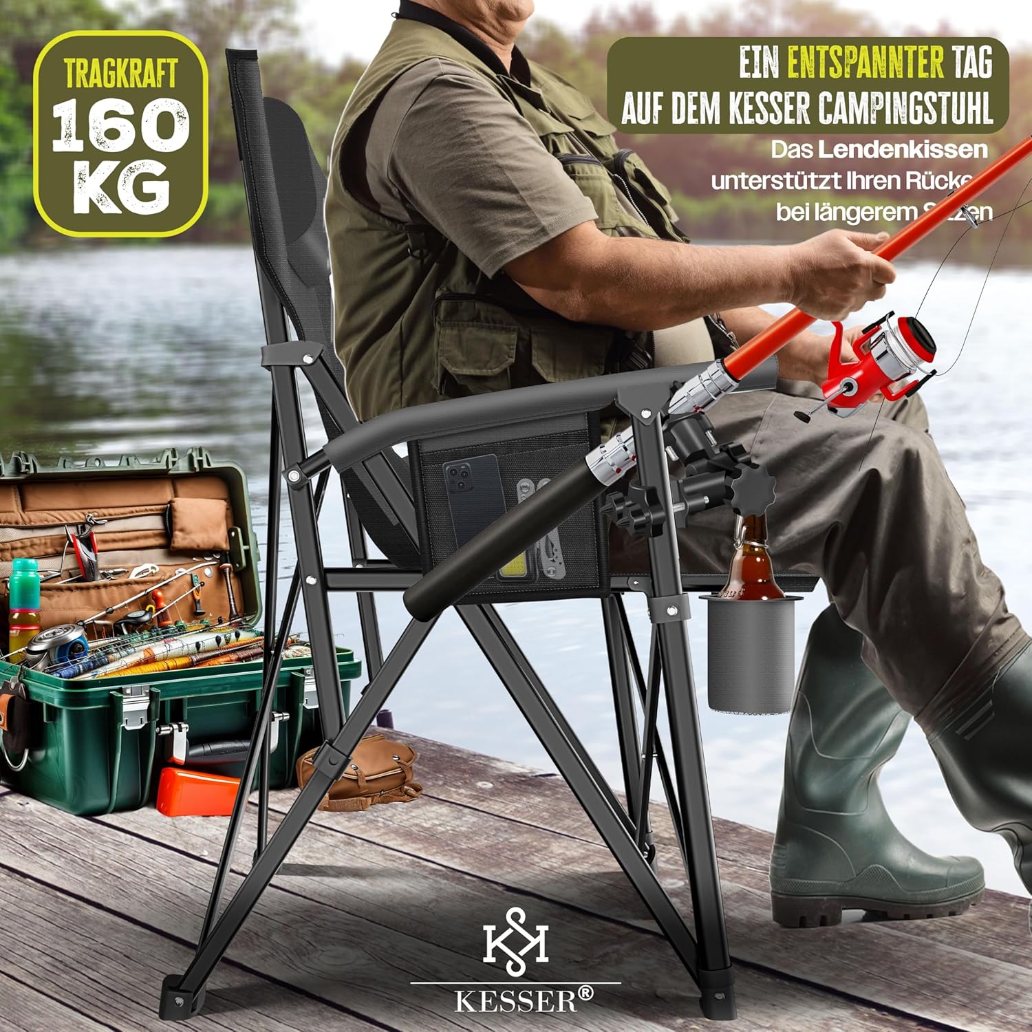 KESSER® Campingstuhl 160 kg, gepolsterte Armlehnen, hoher Rücken, Trink‑ & Lichthalter, mit Tragetasche
