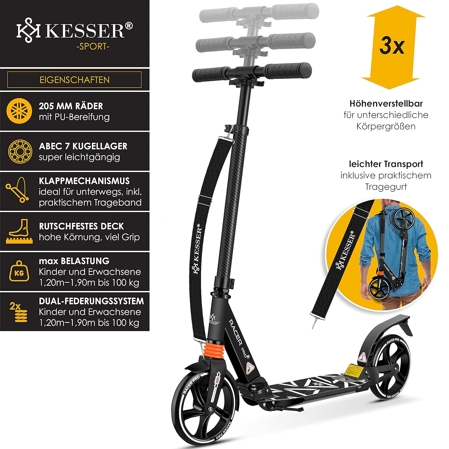 KESSER City Scooter 205mm PU Räder, doppelte Federung, höhenverstellbar, faltbar