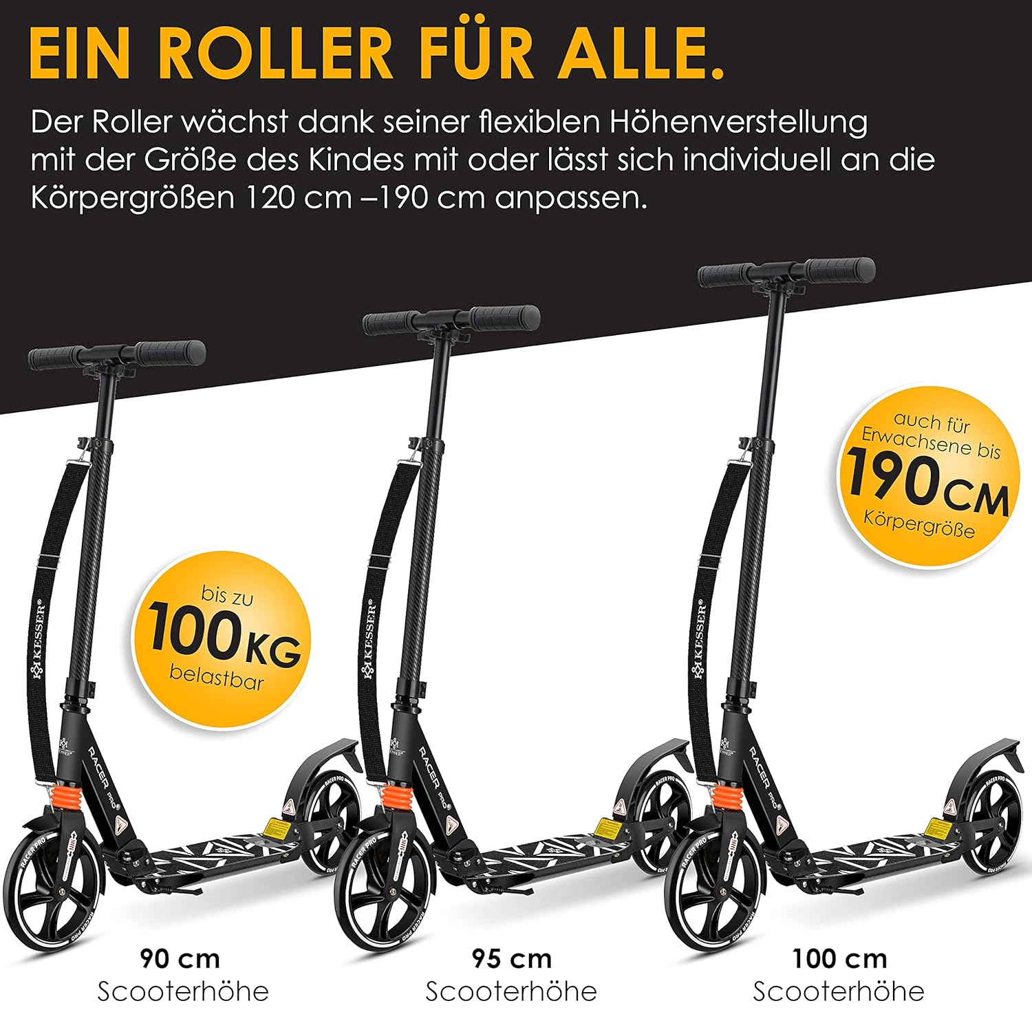 KESSER City Scooter 205mm PU Räder, doppelte Federung, höhenverstellbar, faltbar