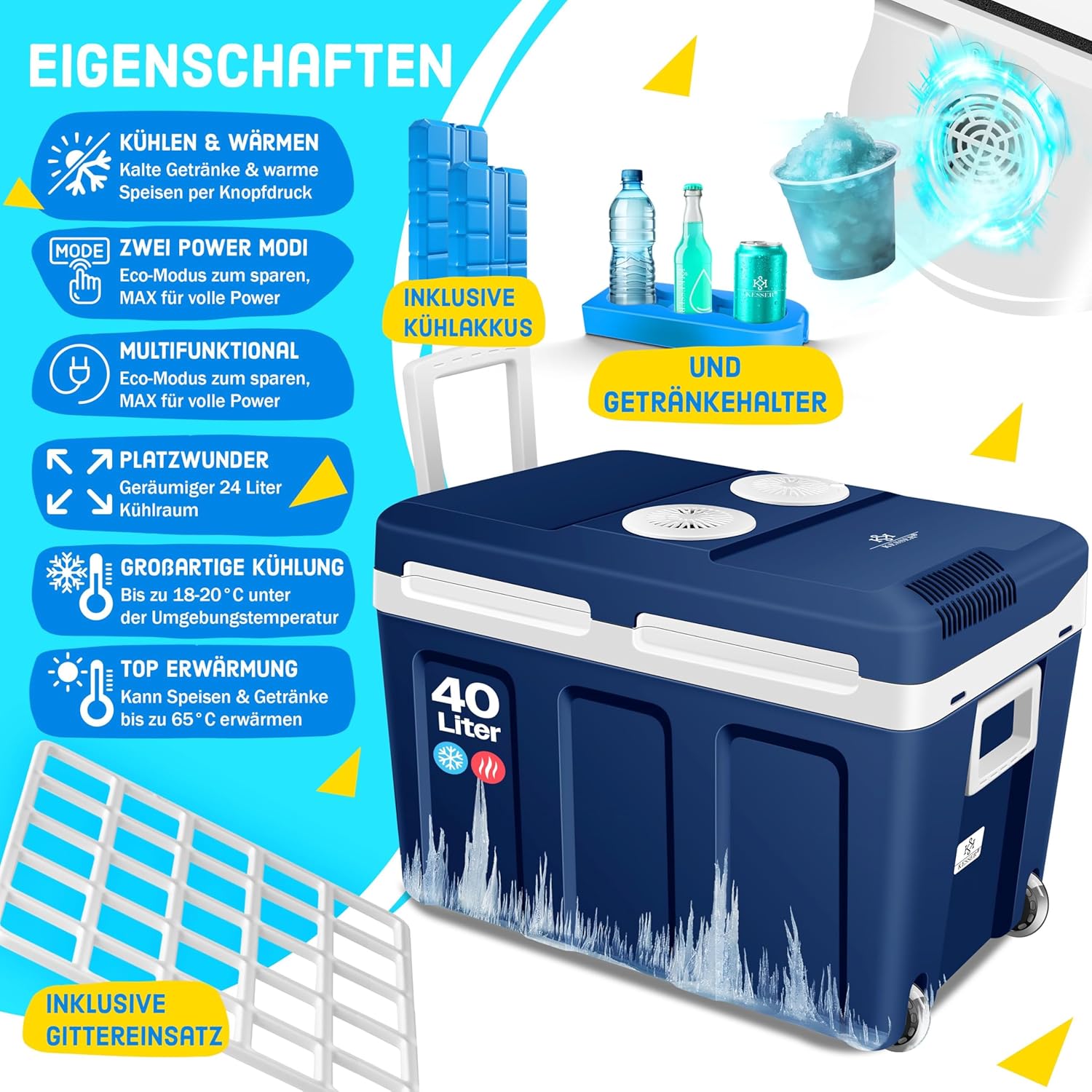 Kesser® Cool Box 40L mit Rädern – Thermoelektrische Mini‑Kühlschrank 12V/230V