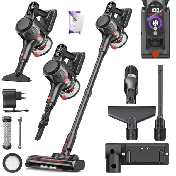 KESSER® Cordless Stick Staubsauger 60 Min Laufzeit, leise, LED‑Anzeige, Anti‑Knoten‑Bürste