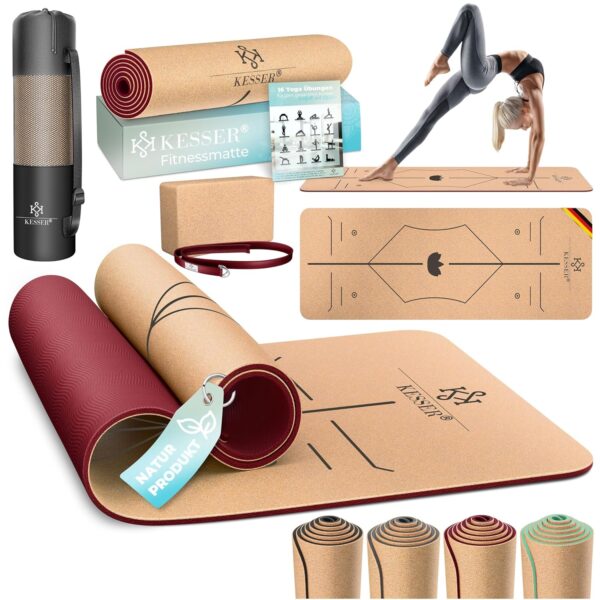 KESSER® Cork Yoga Mat rutschfest TPE 183x62 cm mit Tragetasche