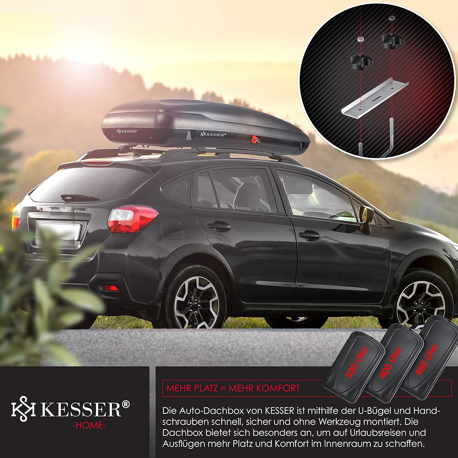 KESSER® Dachbox 400 L – zentrale Sperre, universell für PKW/Van/SUV, Carbon