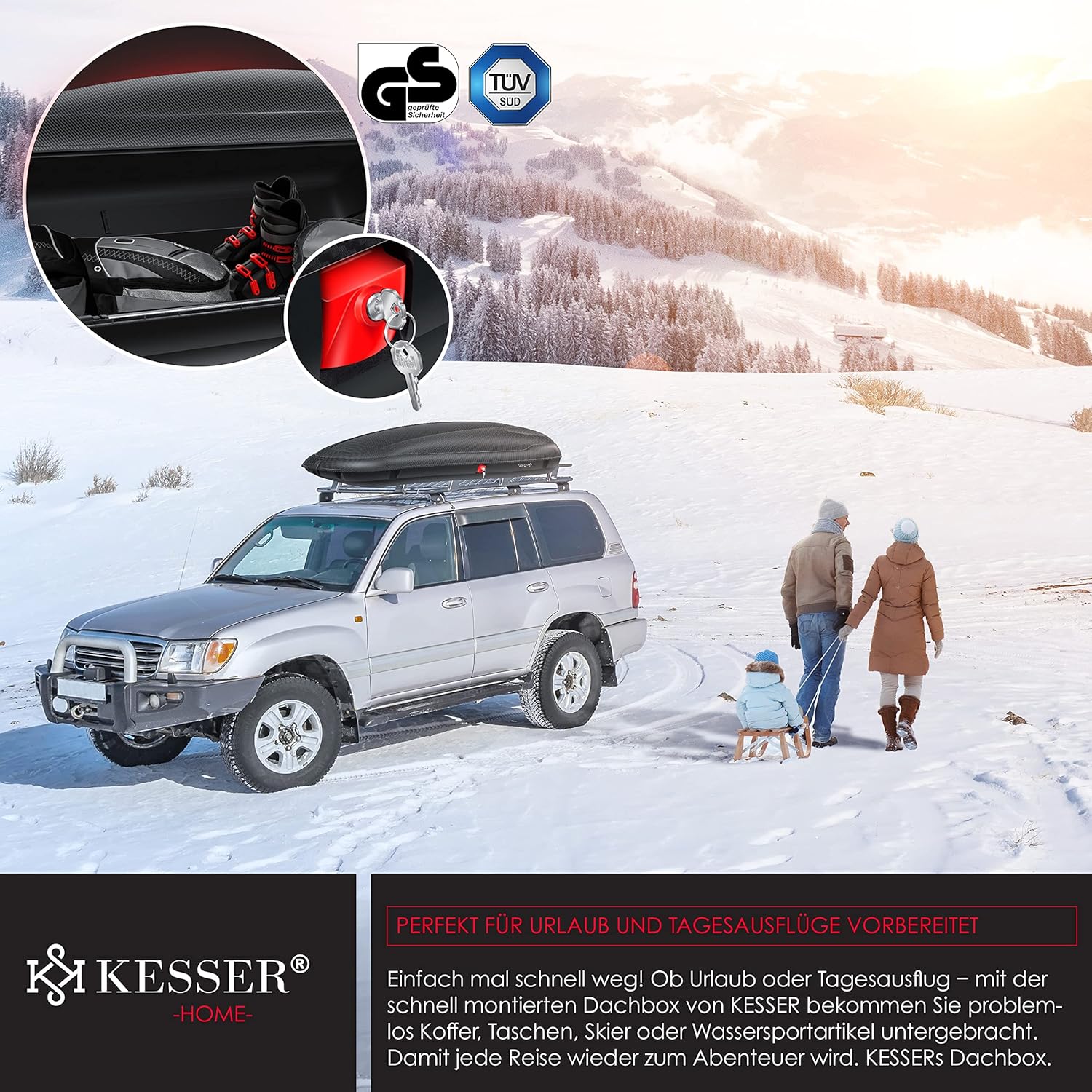 KESSER® Dachbox 400 L – zentrale Sperre, universell für PKW/Van/SUV, Carbon