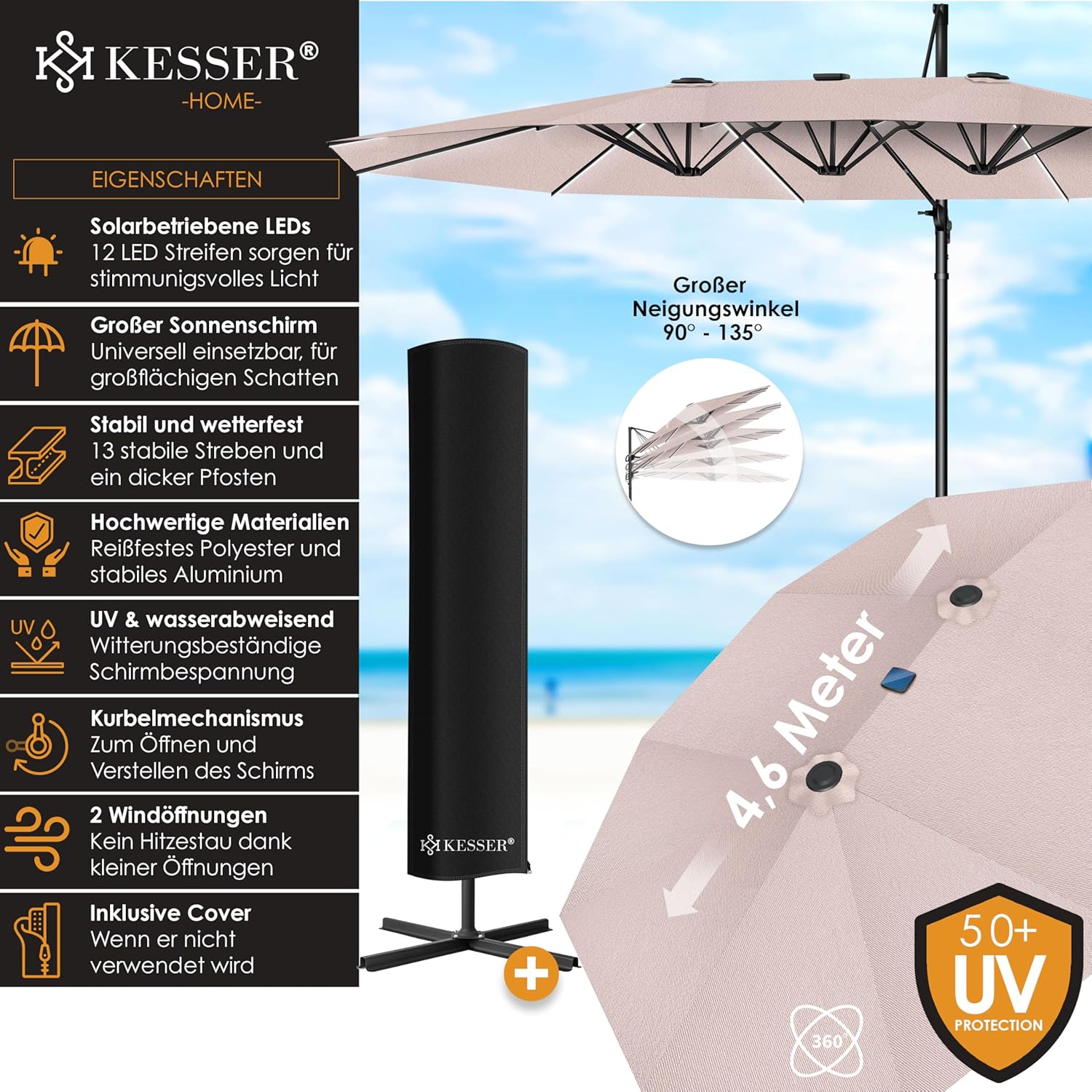 KESSER® Doppel-Sonnenschirm mit LED, 4,6 m × 2,7 m, 360° Dreh, Kantilever, taupe