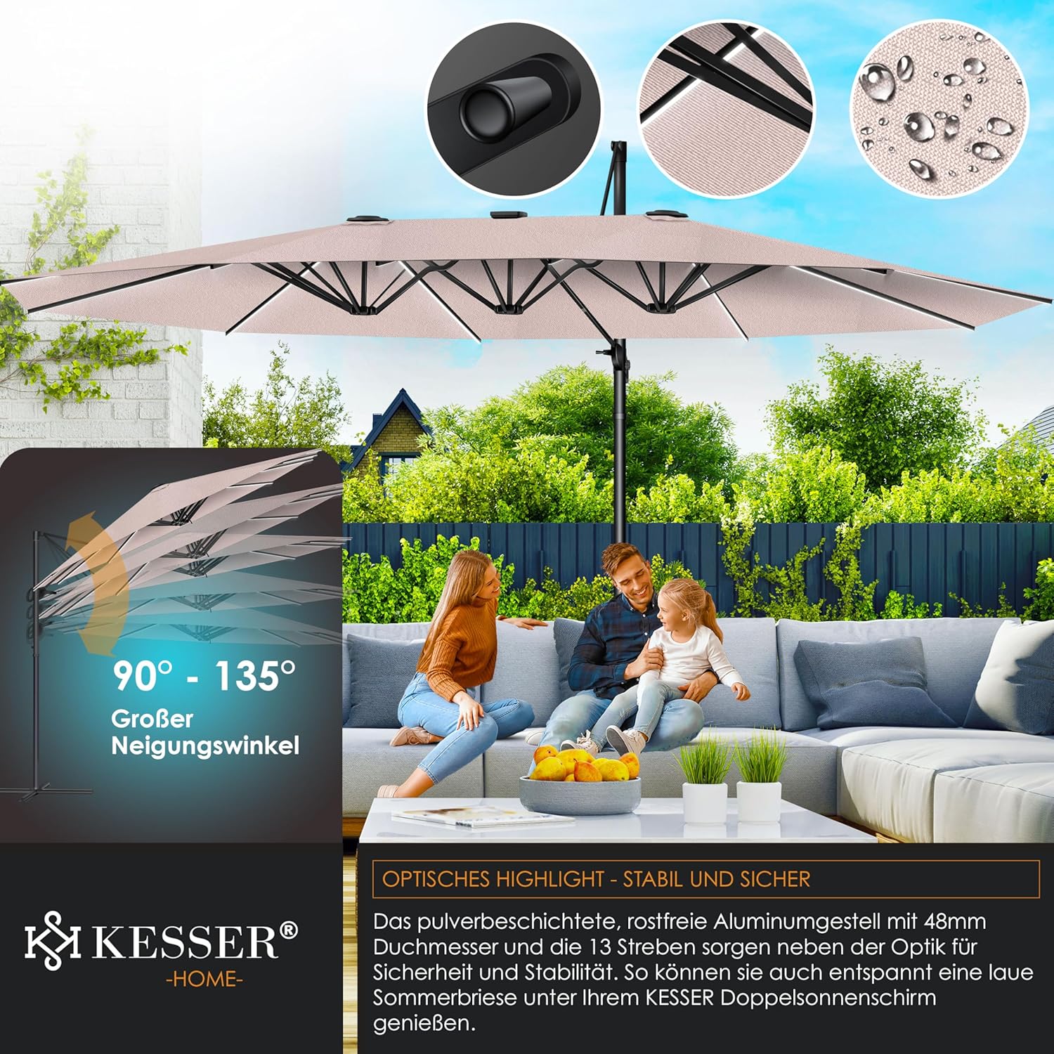 KESSER® Doppel-Sonnenschirm mit LED, 4,6 m × 2,7 m, 360° Dreh, Kantilever, taupe