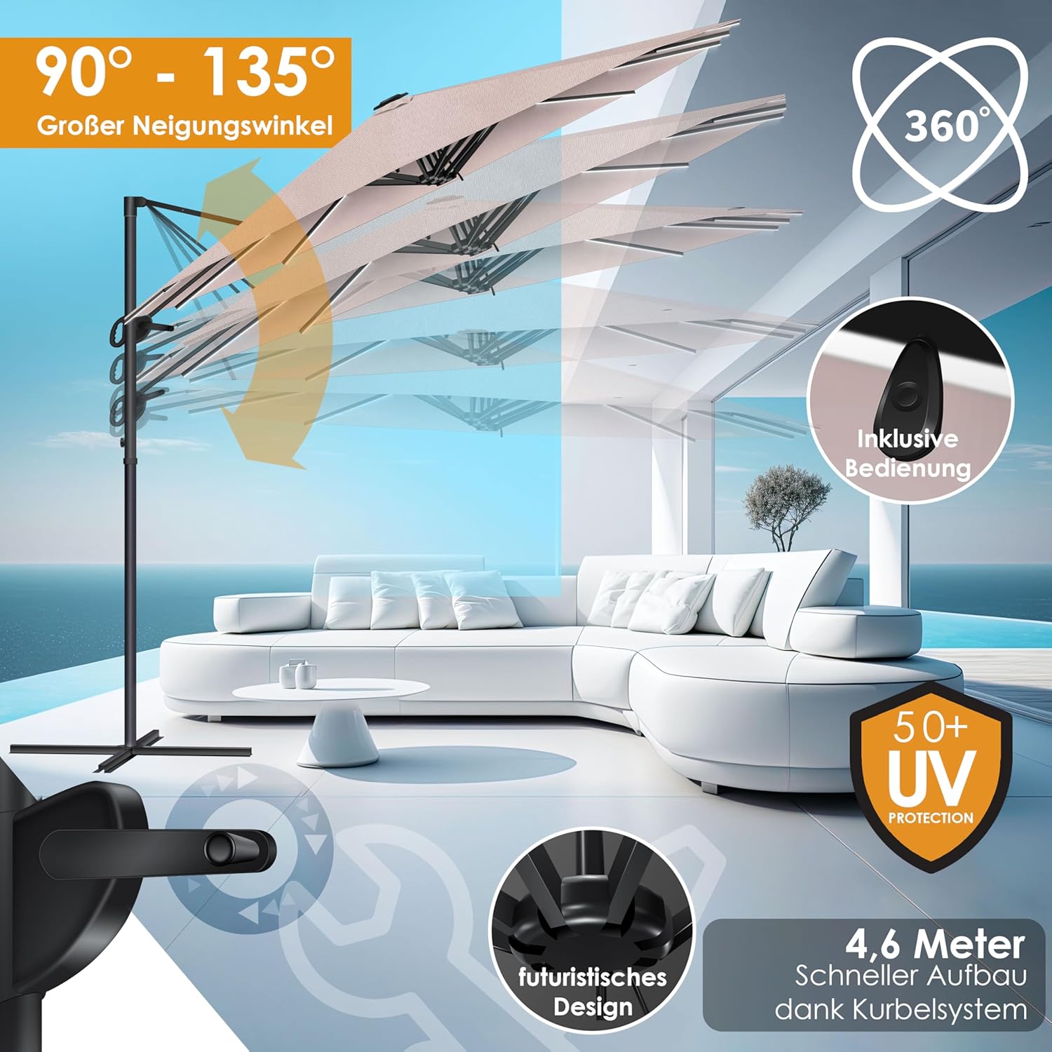 KESSER® Doppel-Sonnenschirm mit LED, 4,6 m × 2,7 m, 360° Dreh, Kantilever, taupe