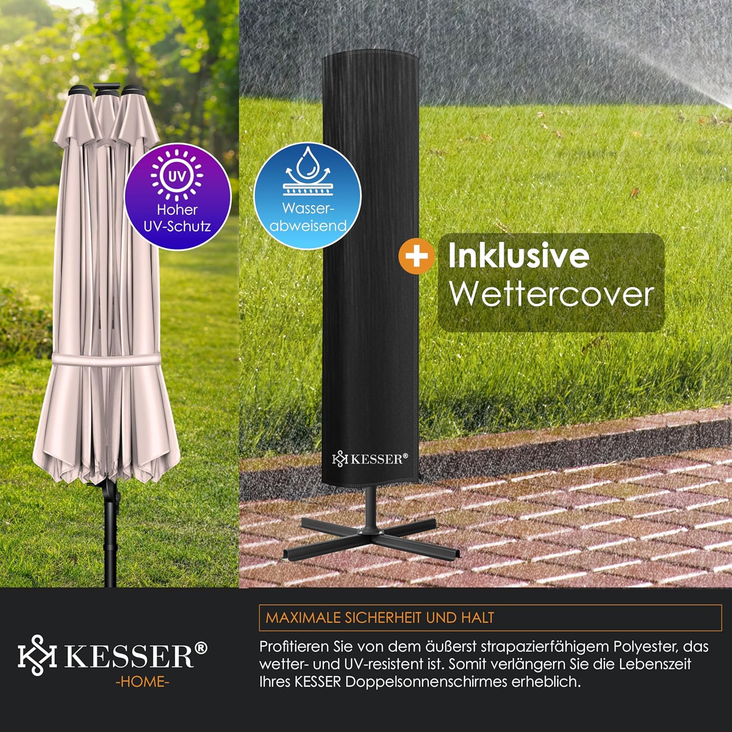 KESSER® Doppel-Sonnenschirm mit LED, 4,6 m × 2,7 m, 360° Dreh, Kantilever, taupe