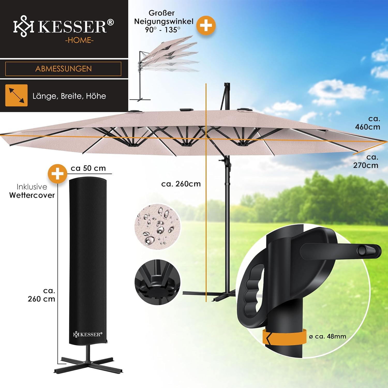 KESSER® Doppel-Sonnenschirm mit LED, 4,6 m × 2,7 m, 360° Dreh, Kantilever, taupe