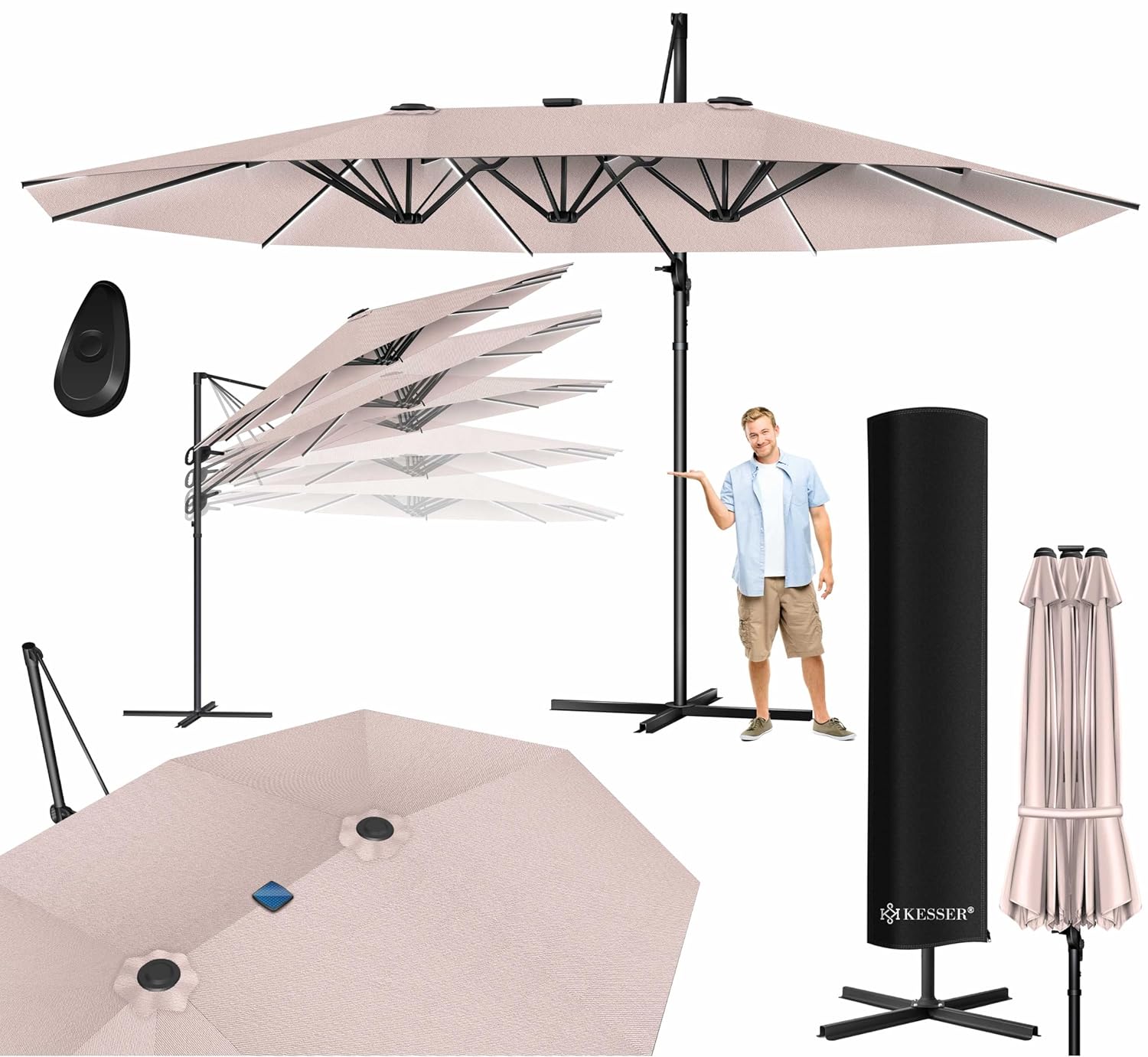 KESSER® Doppel-Sonnenschirm mit LED, 4,6 m × 2,7 m, 360° Dreh, Kantilever, taupe